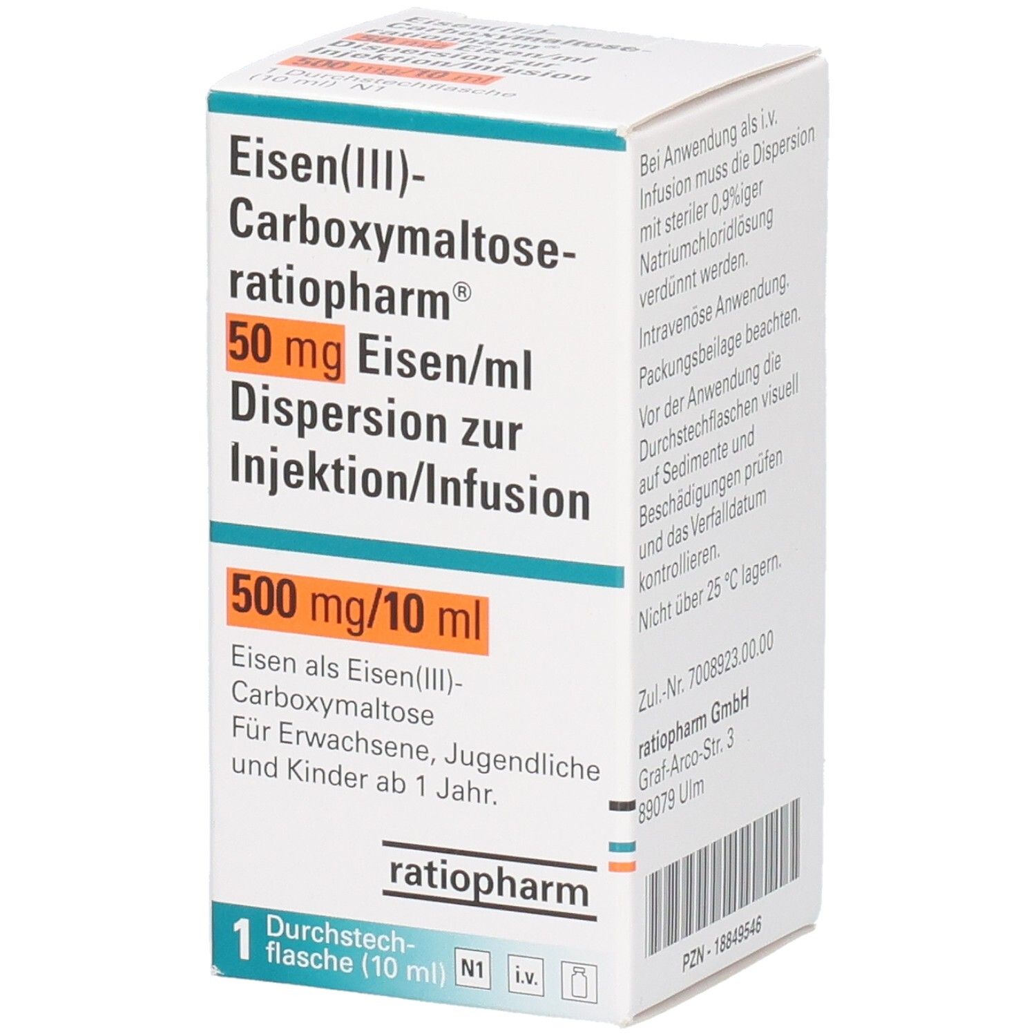 Karton mit Produktinformationen. Aufschrift: Eisen(III)-Carboxymaltose-ratiopharm, 50 mg Eisen/ml, Dispersion zur Injektion/Infusion, 500 mg/10 ml. Text auf der Rückseite.