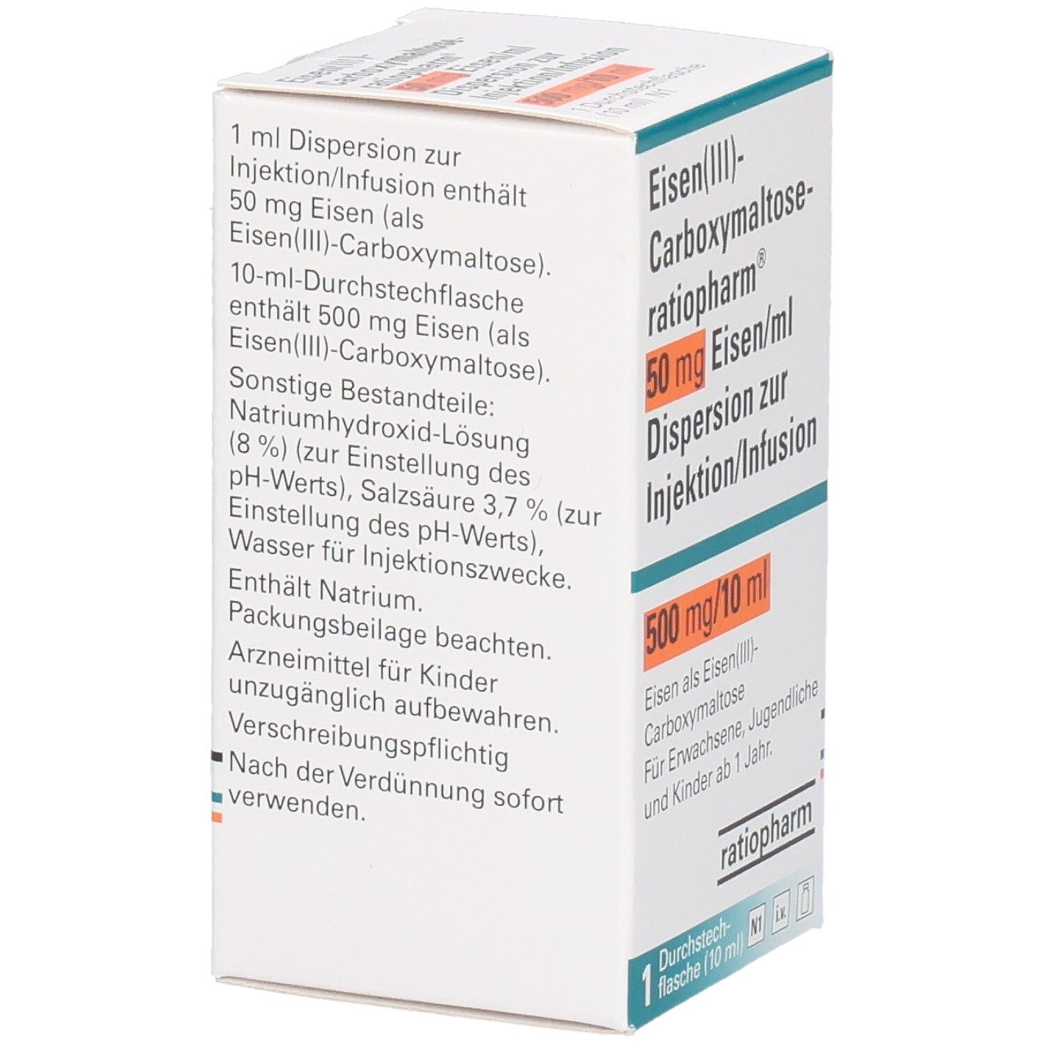 Karton mit Produktinformationen. Aufschrift: Eisen(III)-Carboxymaltose-ratiopharm, 50 mg Eisen/ml, Dispersion zur Injektion/Infusion, 500 mg/10 ml. Text auf der Seite.