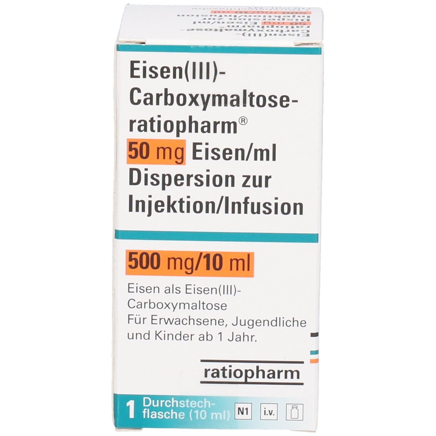 Karton mit Produktinformationen. Aufschrift: Eisen(III)-Carboxymaltose-ratiopharm, 50 mg Eisen/ml, Dispersion zur Injektion/Infusion, 500 mg/10 ml. Vorderansicht.