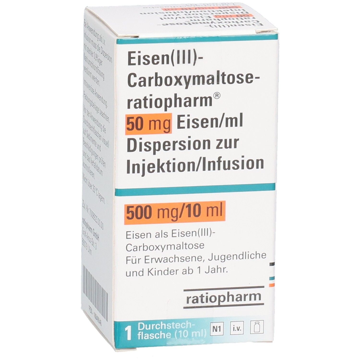 Karton mit Produktinformationen. Aufschrift: Eisen(III)-Carboxymaltose-ratiopharm, 50 mg Eisen/ml, Dispersion zur Injektion/Infusion, 500 mg/10 ml. Vorderansicht.