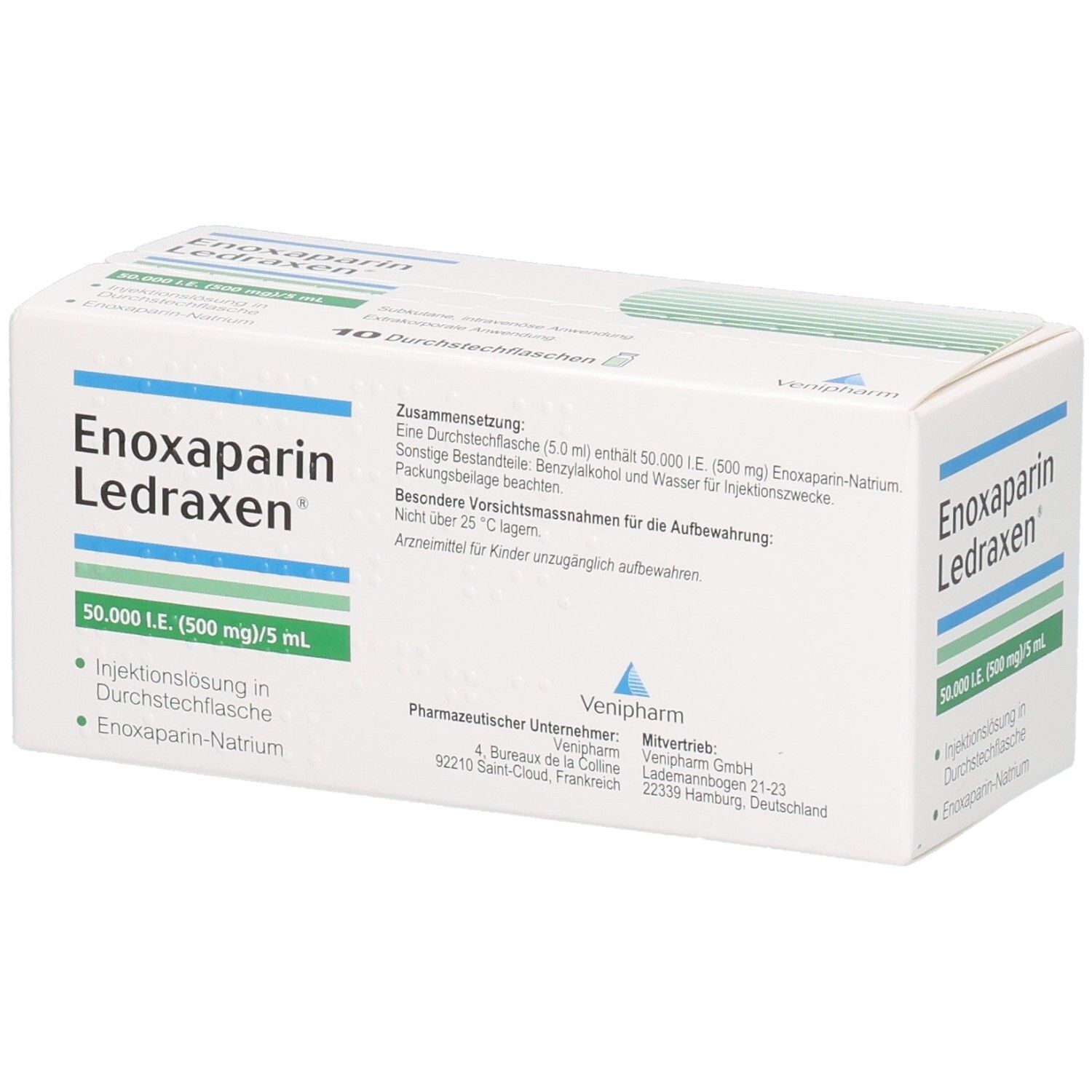 Karton mit Produktinformationen. Aufschrift: Enoxaparin Ledraxen 50.000 I.E. (500 mg)/5 ml. 10 Durchstechflaschen.