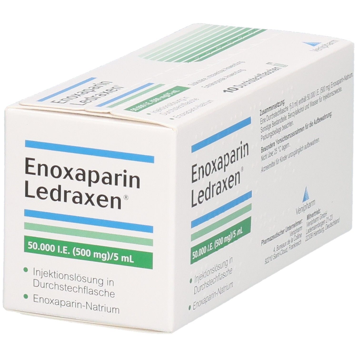 Karton mit Produktinformationen. Aufschrift: Enoxaparin Ledraxen 50.000 I.E. (500 mg)/5 ml. 10 Durchstechflaschen.