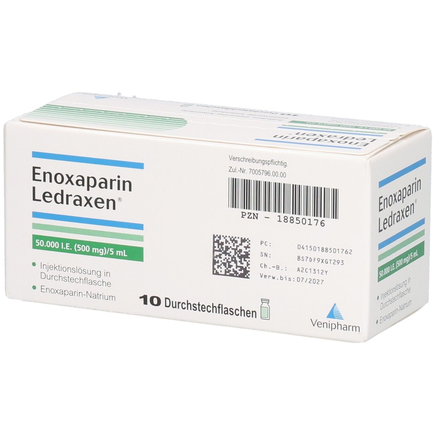 Karton mit Produktinformationen. Aufschrift: Enoxaparin Ledraxen 50.000 I.E. (500 mg)/5 ml. 10 Durchstechflaschen.