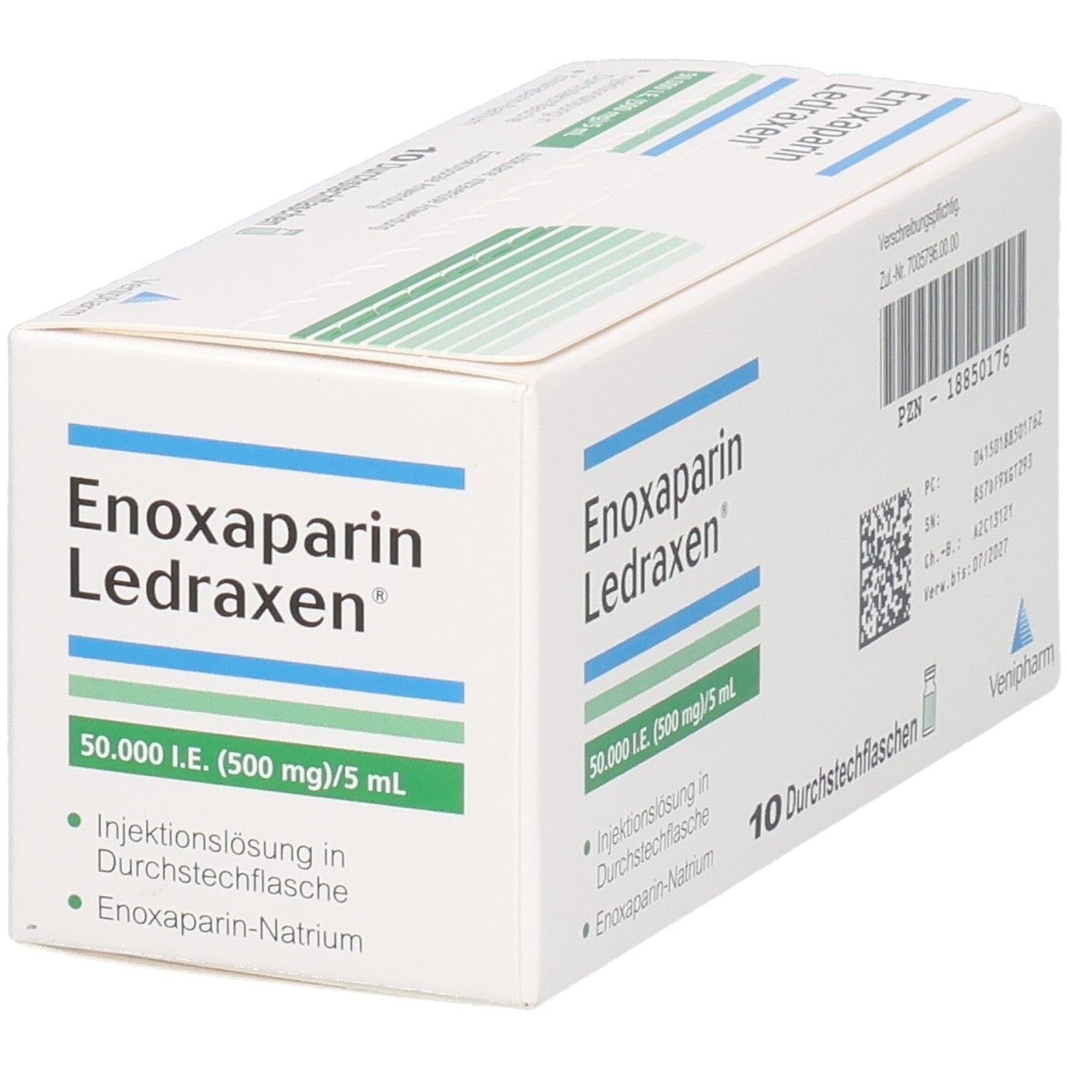 Karton mit Produktinformationen. Aufschrift: Enoxaparin Ledraxen 50.000 I.E. (500 mg)/5 ml. 10 Durchstechflaschen.