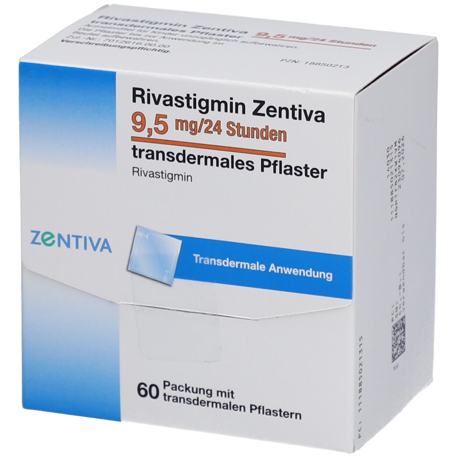 Schachtel mit Rivastigmin Zentiva 9,5 mg/24 Stunden transdermales Pflaster. Enthält 60 Pflaster. Marke und Produktinformationen.