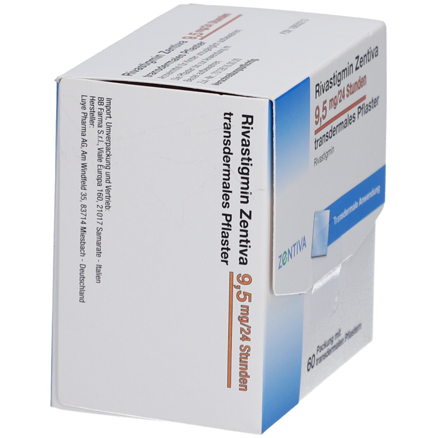 Schachtel mit Rivastigmin Zentiva 9,5 mg/24 Stunden transdermales Pflaster. Seitenansicht mit Produktinformationen und Marke.