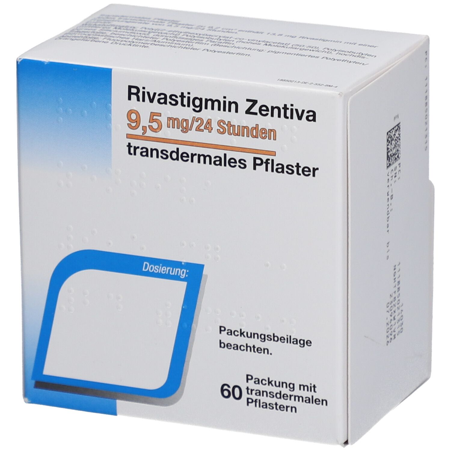 Schachtel mit Rivastigmin Zentiva 9,5 mg/24 Stunden transdermales Pflaster. Vorderansicht mit Produktinformationen und Marke.