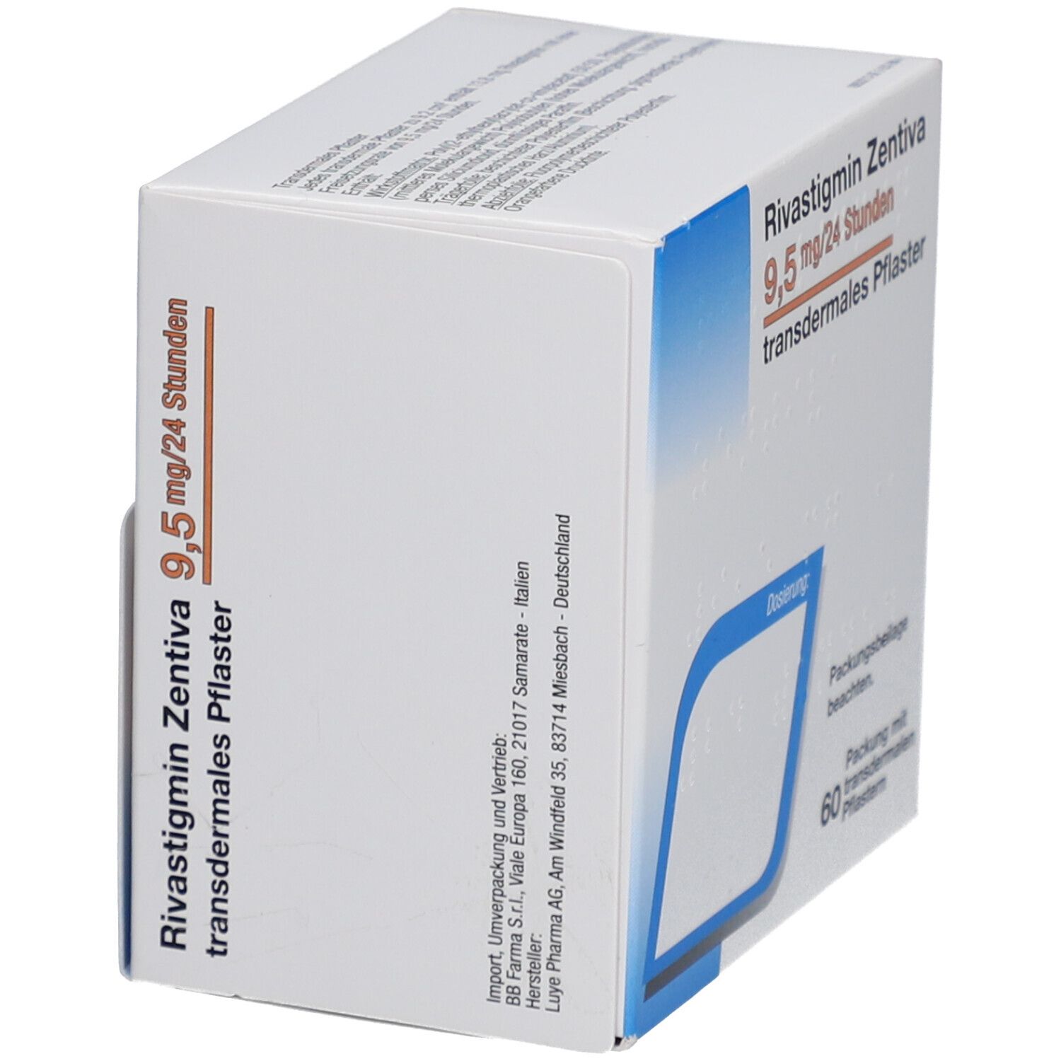 Schachtel mit Rivastigmin Zentiva 9,5 mg/24 Stunden transdermales Pflaster. Schräge Ansicht mit Produktinformationen und Marke.