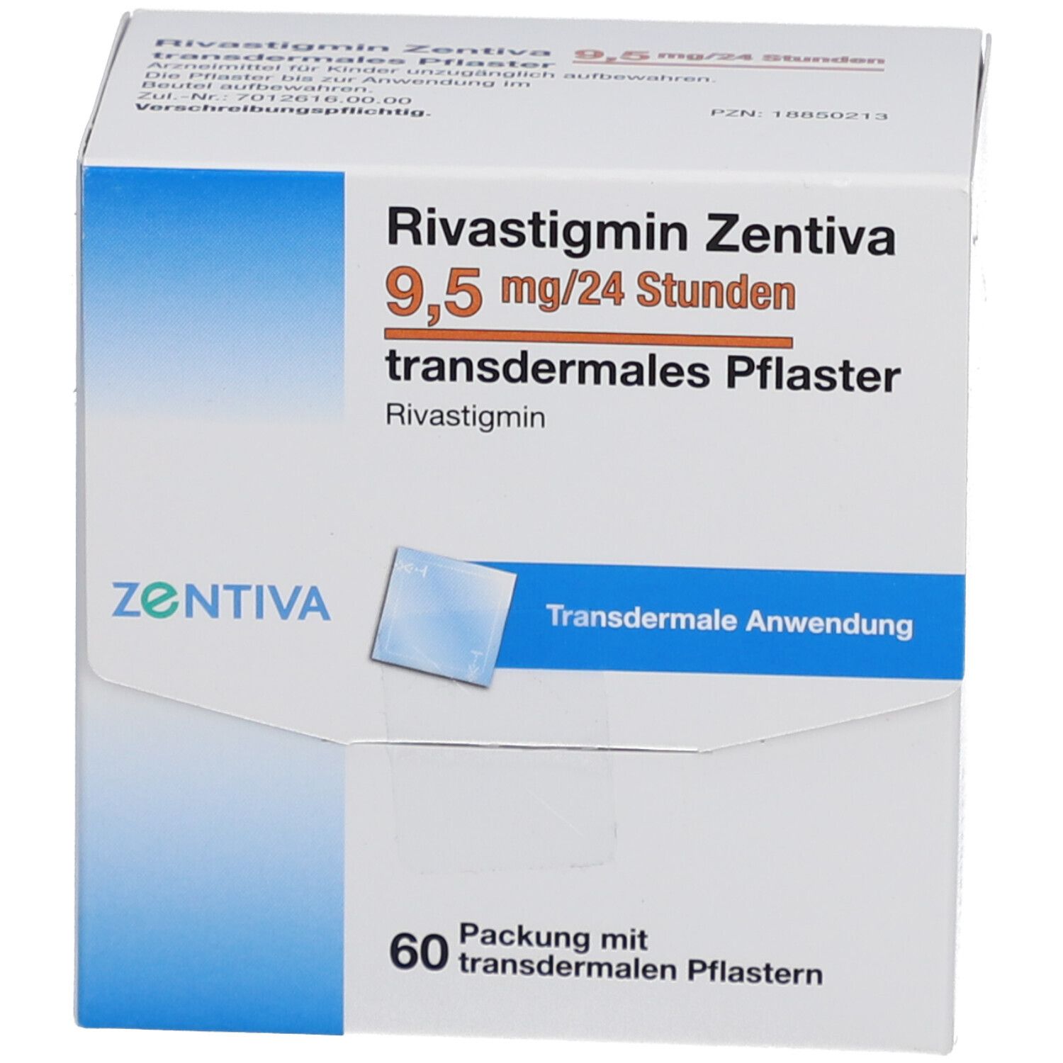 Schachtel mit Rivastigmin Zentiva 9,5 mg/24 Stunden transdermales Pflaster. Vorderansicht mit Produktinformationen und Marke.