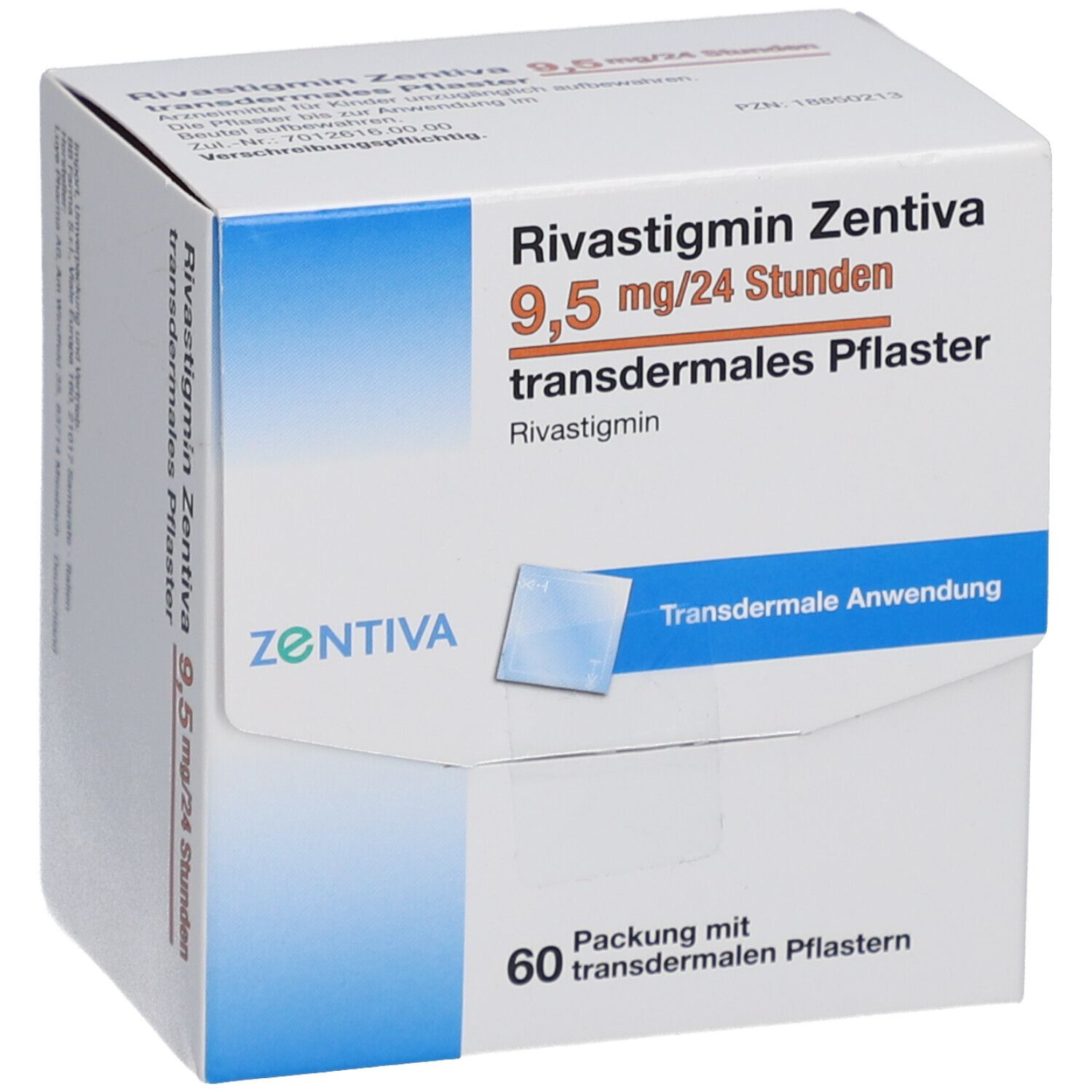 Schachtel mit Rivastigmin Zentiva 9,5 mg/24 Stunden transdermales Pflaster. Vorderansicht mit Produktinformationen und Marke.