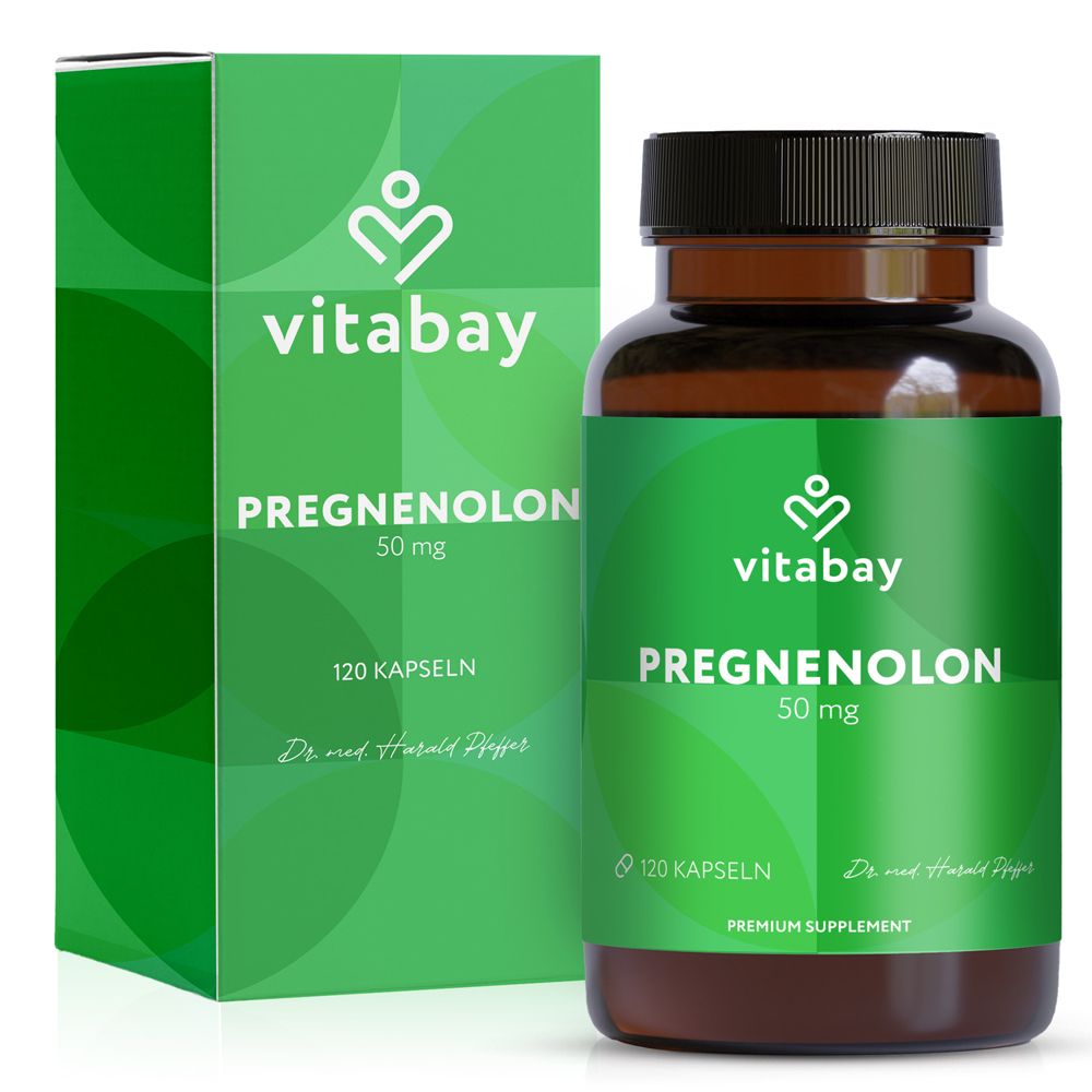 Grüne Schachtel und braune Flasche mit Kapseln. Aufschrift: Vitabay Pregnenolon 50 mg, 120 Kapseln.