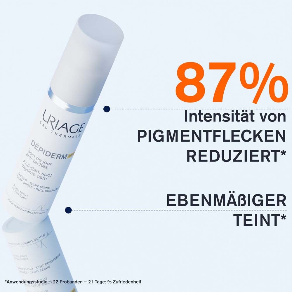 Text: 87% Intensität von Pigmentflecken reduziert. Ebenmäßiger Teint.