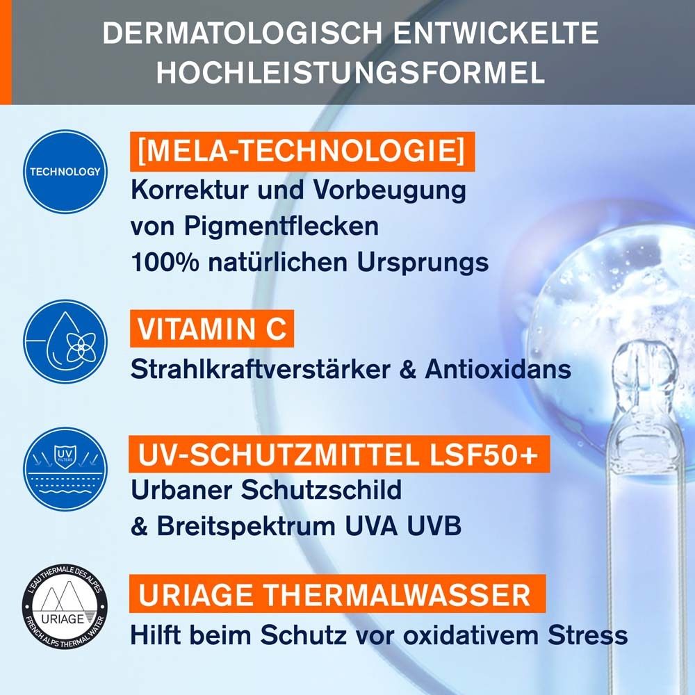 Infografik mit Text: Mela-Technologie, Vitamin C, UV-Schutzmittel LSF50+, Uriage Thermalwasser.