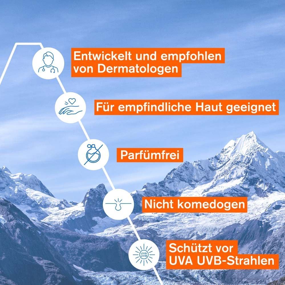 Infografik mit Text: Dermatologisch entwickelt, für empfindliche Haut, parfümfrei, nicht komedogen, UV-Schutz.