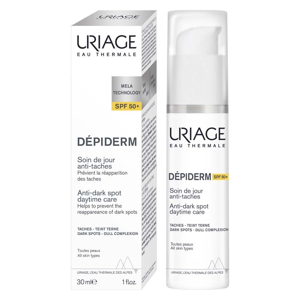 URIAGE DÉPIDERM Flasche und Verpackung. Text: Anti-Pigmentflecken Tagespflege LSF50+.