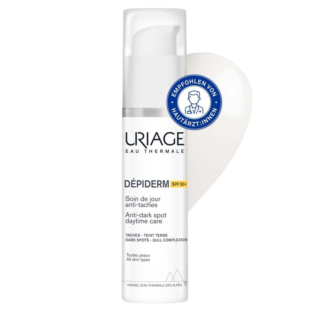 URIAGE DÉPIDERM Flasche mit Text: Anti-Pigmentflecken Tagespflege LSF50+. Empfohlen von Hautärzten.