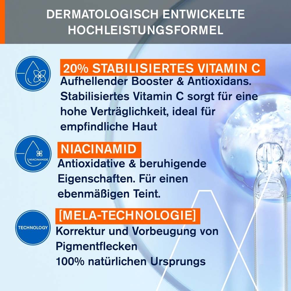 Infografik mit Inhaltsstoffen. 20% stabilisiertes Vitamin C. Niacinamid. Mela-Technologie.