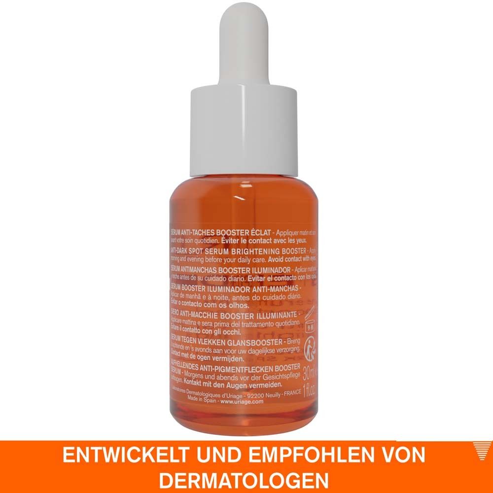 Rückseite der Serumflasche. Text: Anti-Pigmentflecken Booster. Entwickelt und empfohlen von Dermatologen.