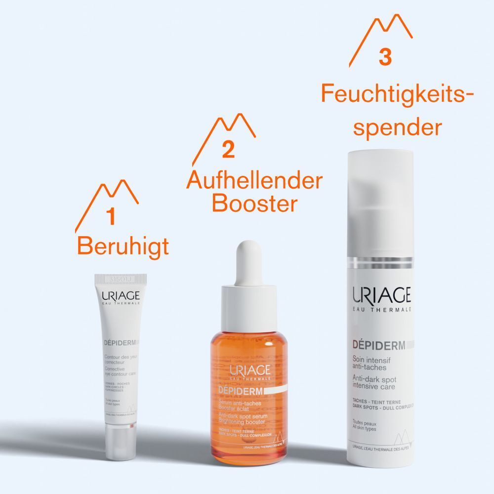 Drei Produkte: Beruhigt, Aufhellender Booster, Feuchtigkeitsspender. URIAGE DÉPIDERM Produkte.