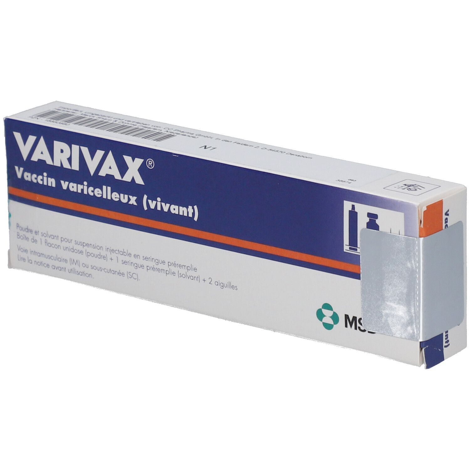 Karton VARIVAX, Impfstoff gegen Varizellen. Blaue und weiße Verpackung mit Text und Logo.