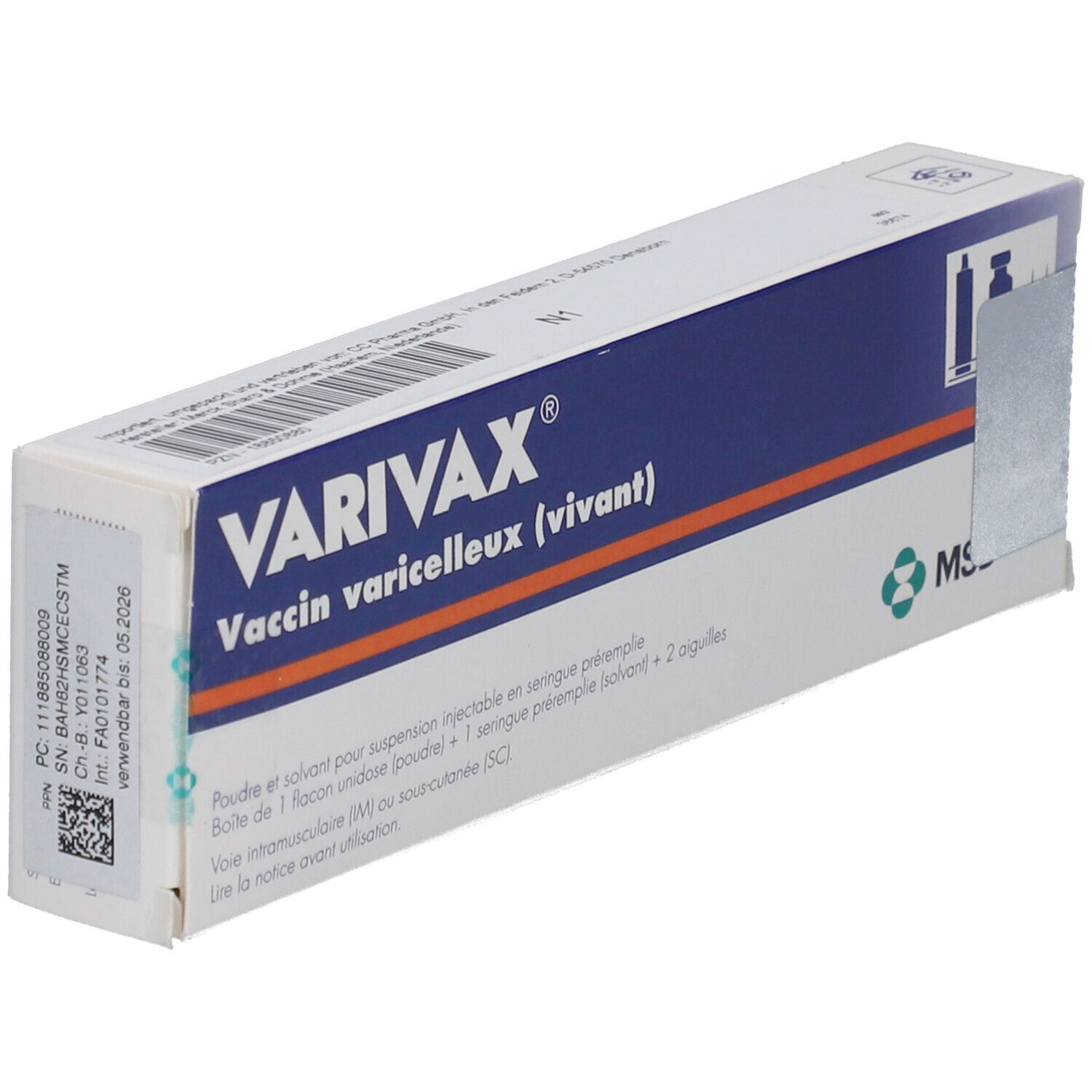 Karton VARIVAX, Impfstoff gegen Varizellen. Blaue und weiße Verpackung mit Text und Logo.