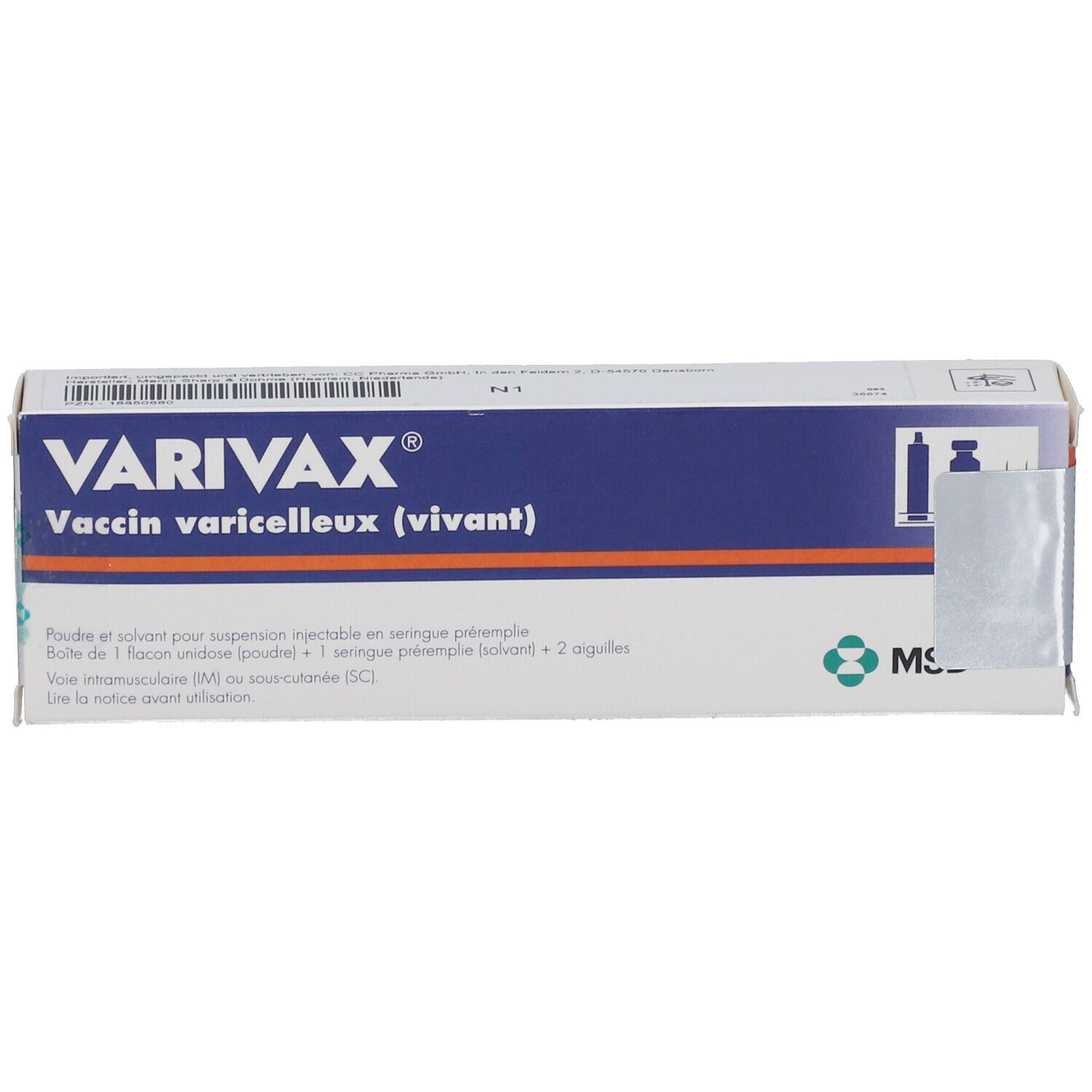 Karton VARIVAX, Impfstoff gegen Varizellen. Blaue und weiße Verpackung mit Text und Logo.