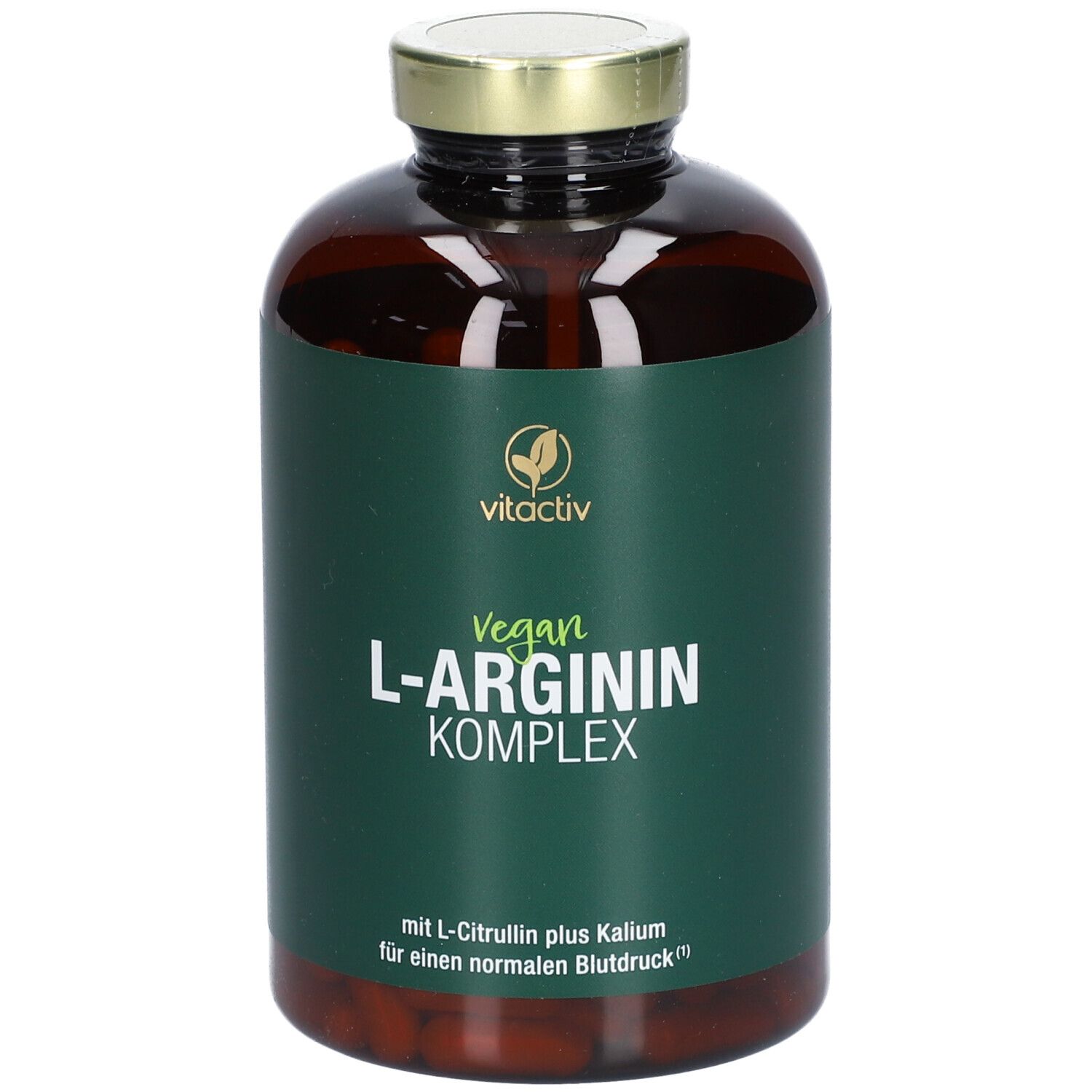Braune Glasflasche mit goldfarbenem Deckel. Etikett: vitactiv, Vegan L-Arginin Komplex. Text: mit L-Citrullin plus Kalium für einen normalen Blutdruck.