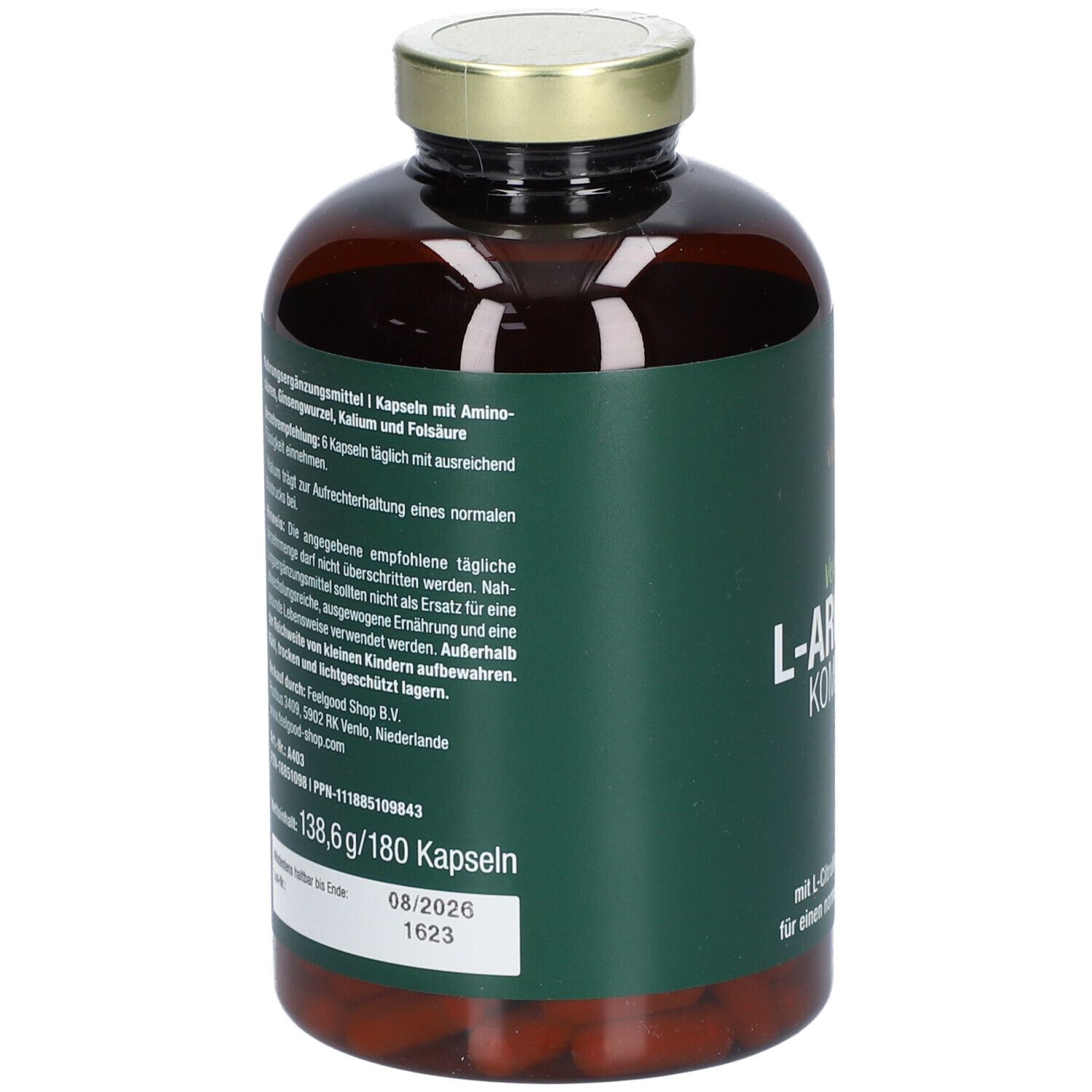 Braune Glasflasche mit goldfarbenem Deckel. Etikett: vitactiv, Vegan L-Arginin Komplex. Text: mit L-Citrullin plus Kalium für einen normalen Blutdruck. Rückseite mit Text.