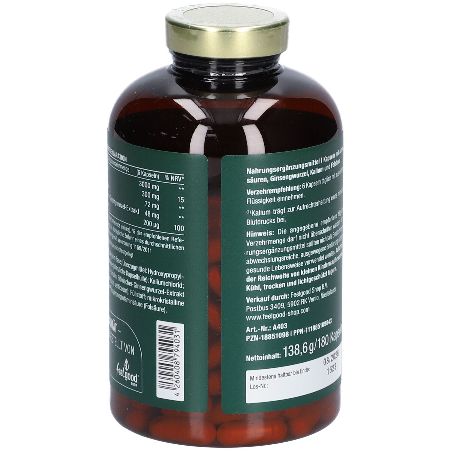 Braune Glasflasche mit goldfarbenem Deckel. Etikett: vitactiv, Vegan L-Arginin Komplex. Text: mit L-Citrullin plus Kalium für einen normalen Blutdruck. Rückseite mit Text.