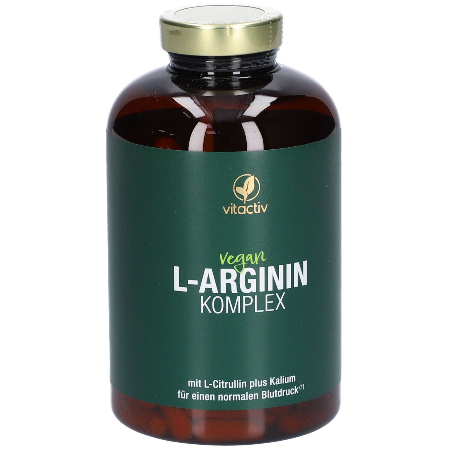 Braune Glasflasche mit goldfarbenem Deckel. Etikett: vitactiv, Vegan L-Arginin Komplex. Text: mit L-Citrullin plus Kalium für einen normalen Blutdruck. Rückseite mit Text.