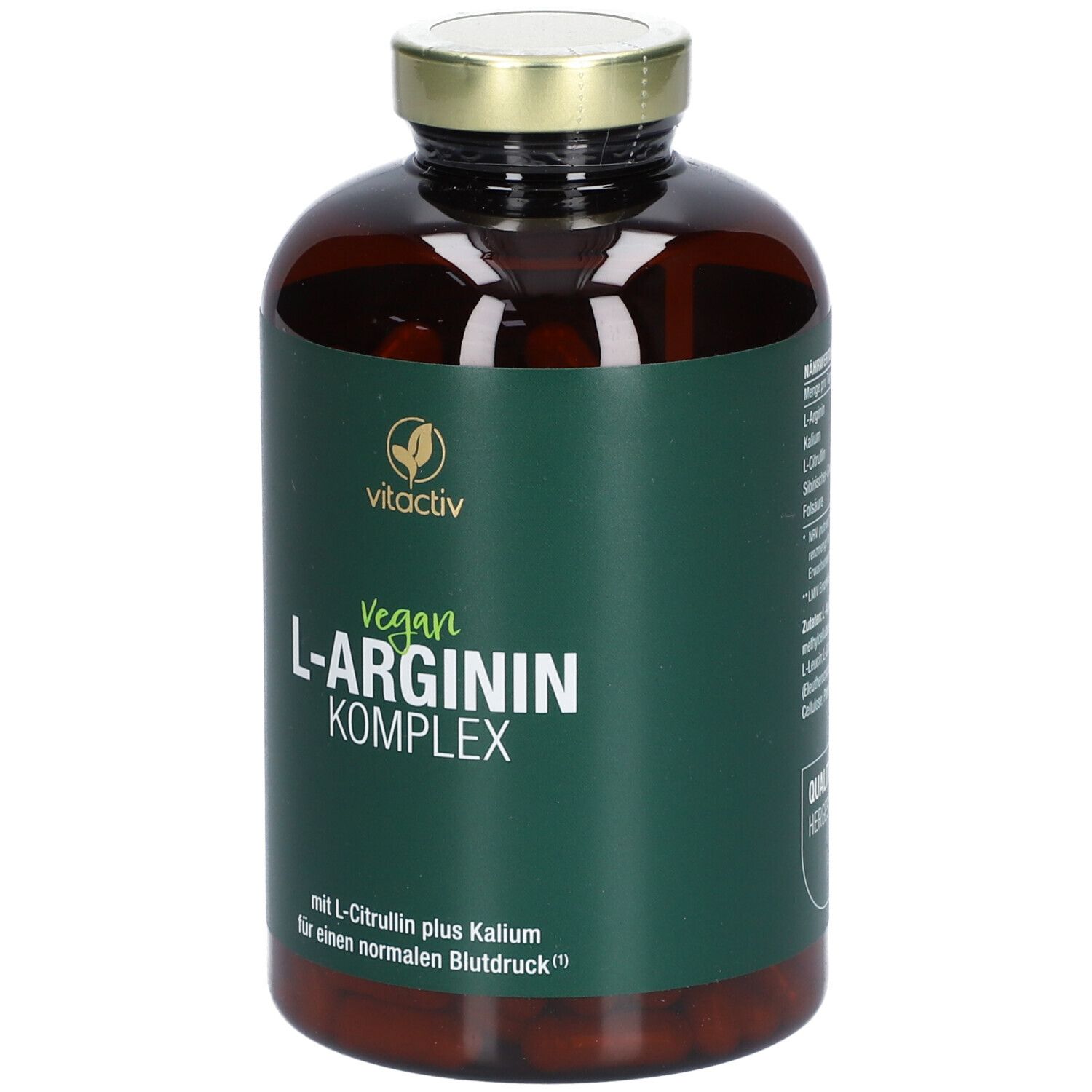 Braune Glasflasche mit goldfarbenem Deckel. Etikett: vitactiv, Vegan L-Arginin Komplex. Text: mit L-Citrullin plus Kalium für einen normalen Blutdruck. Rückseite mit Text.