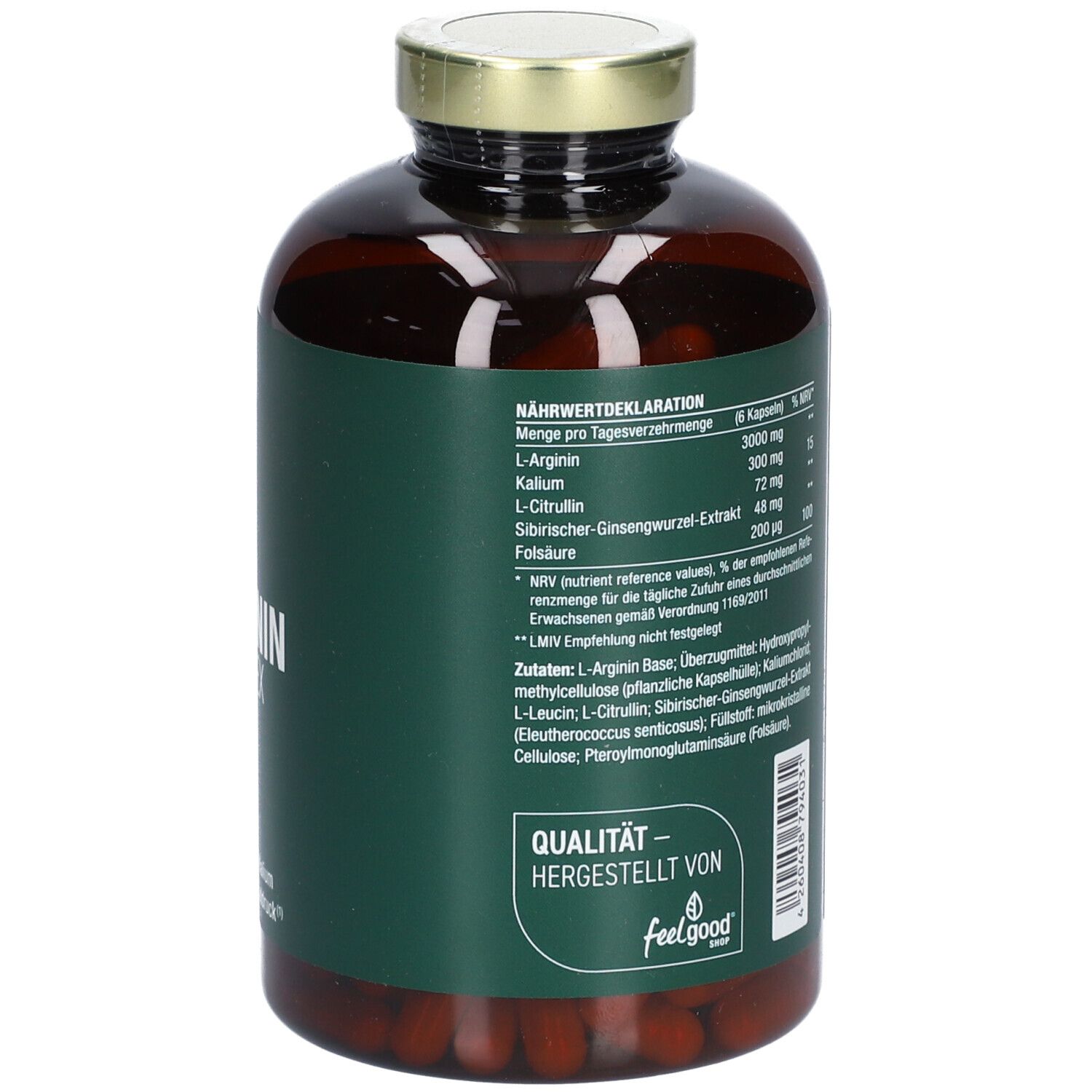 Braune Glasflasche mit goldfarbenem Deckel. Etikett: vitactiv, Vegan L-Arginin Komplex. Text: mit L-Citrullin plus Kalium für einen normalen Blutdruck. Rückseite mit Text.