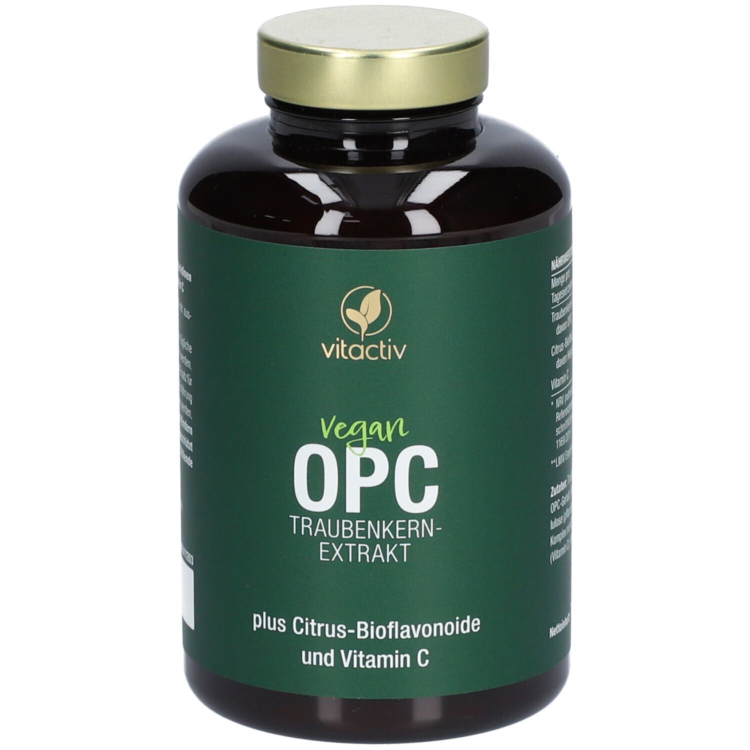 Braune Flasche mit goldfarbenem Deckel. Etikett mit "vitactiv" Logo und Produktbezeichnung "Vegan OPC Traubenkernextrakt".