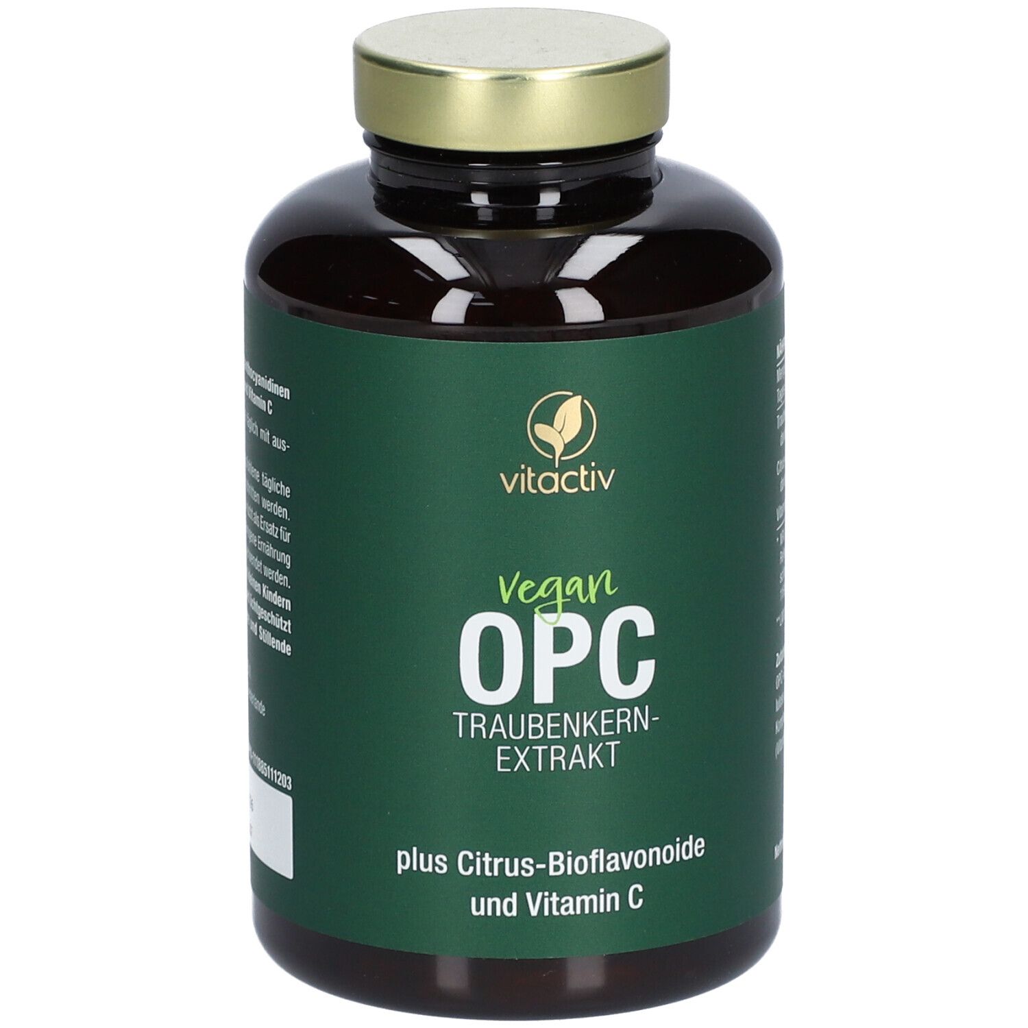 Braune Flasche mit goldfarbenem Deckel. Etikett mit "vitactiv" Logo und Produktbezeichnung "Vegan OPC Traubenkernextrakt".