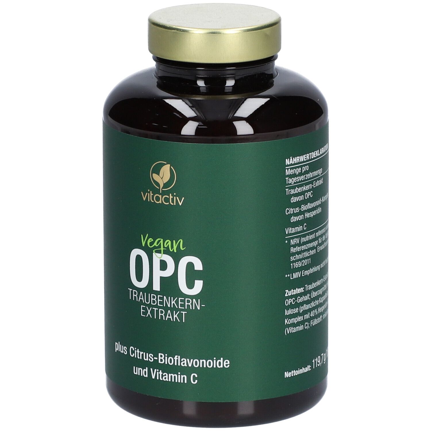 Rückseite der Flasche. Etikett mit Informationen: Nährwertdeklaration, Inhaltsstoffe, Hersteller, Mindesthaltbarkeit.