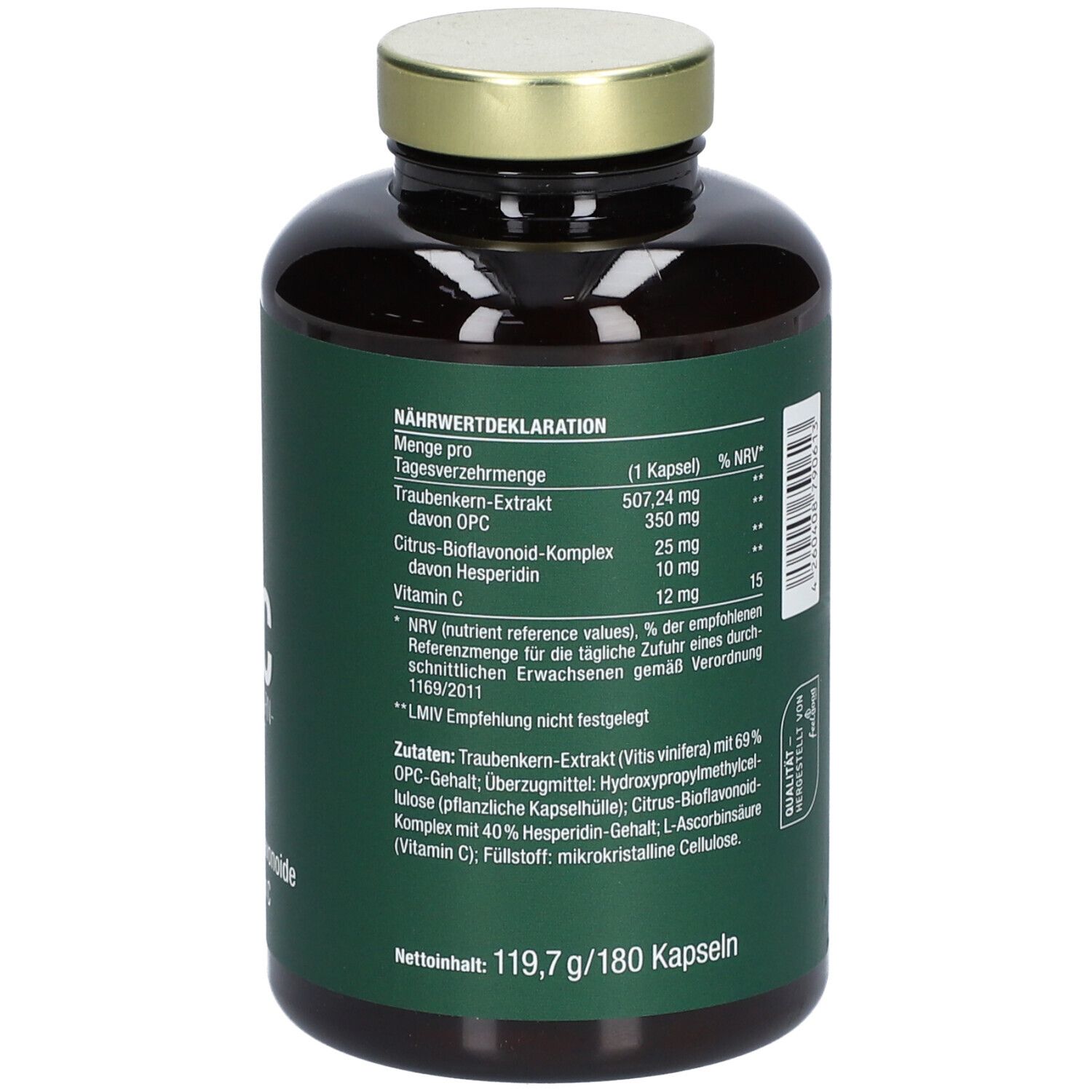 Rückseite der Flasche. Etikett mit Informationen: Nährwertdeklaration, Inhaltsstoffe, Hersteller, Mindesthaltbarkeit.