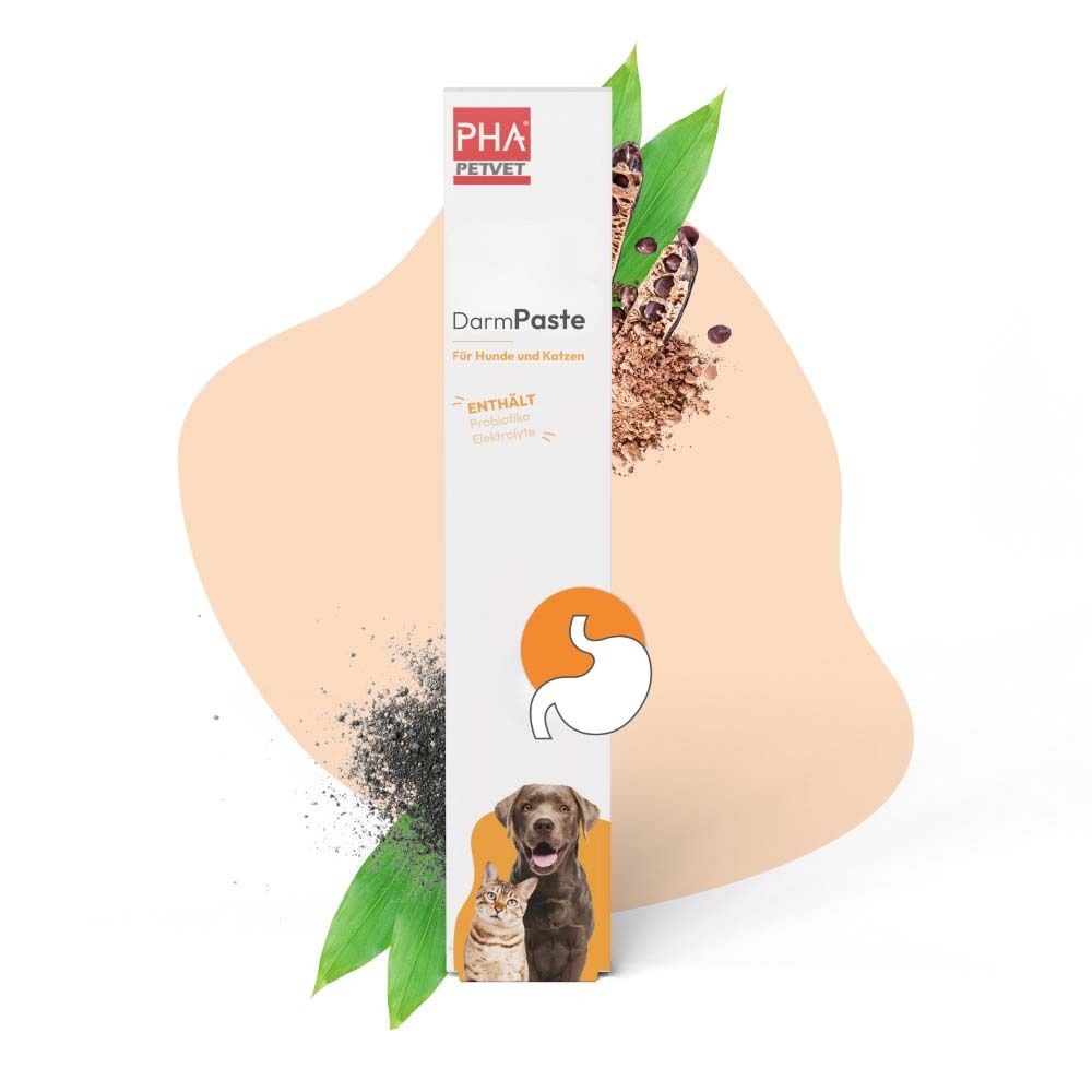Weiße Verpackung mit Produktnamen und Logo. Abbildung von Hund und Katze. Mit grünen Blättern.