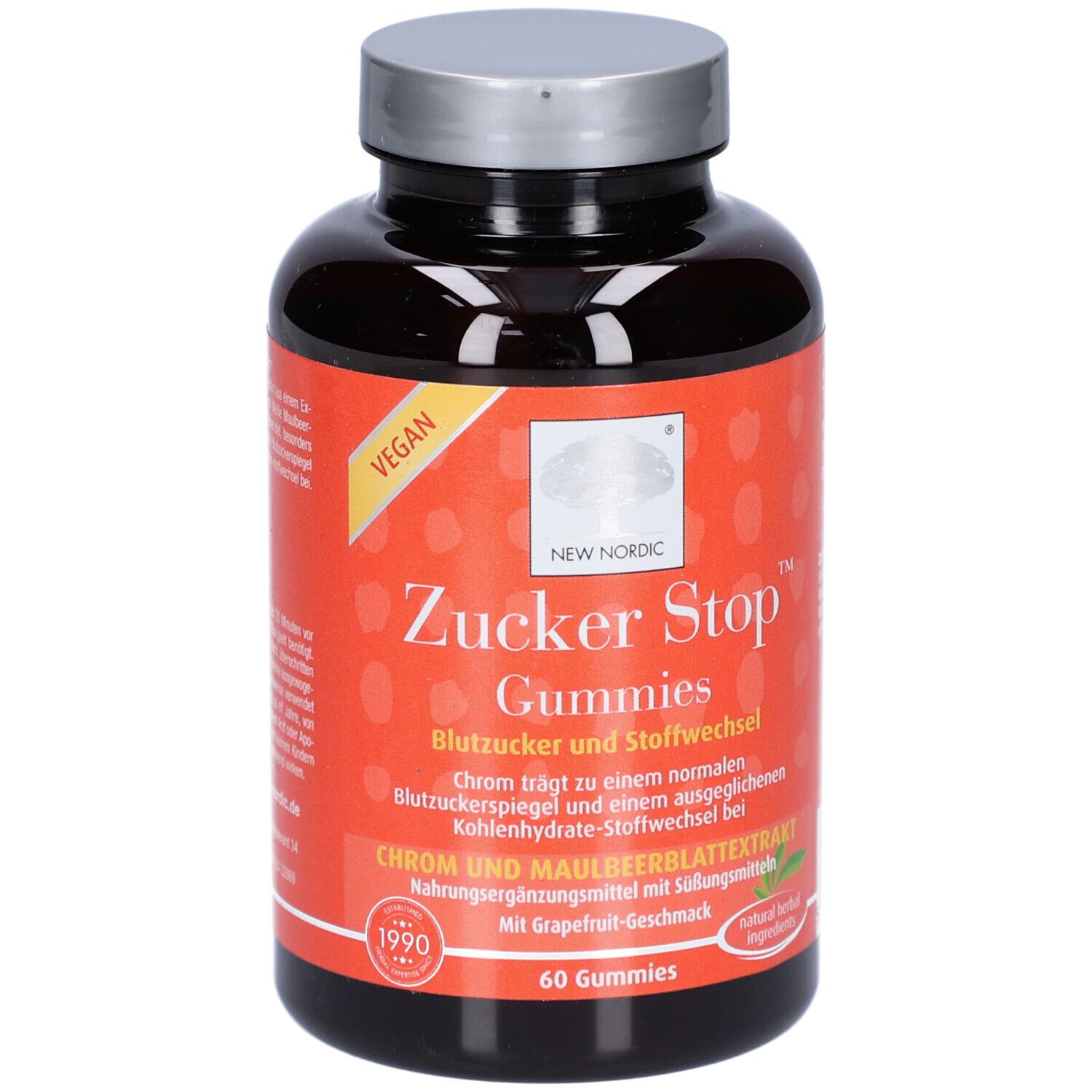 Braune Plastikflasche mit silbernem Deckel. Aufkleber mit Produktnamen ZUCKER Stop Gummies, rotem Hintergrund und weißer Schrift. Vegan-Siegel.