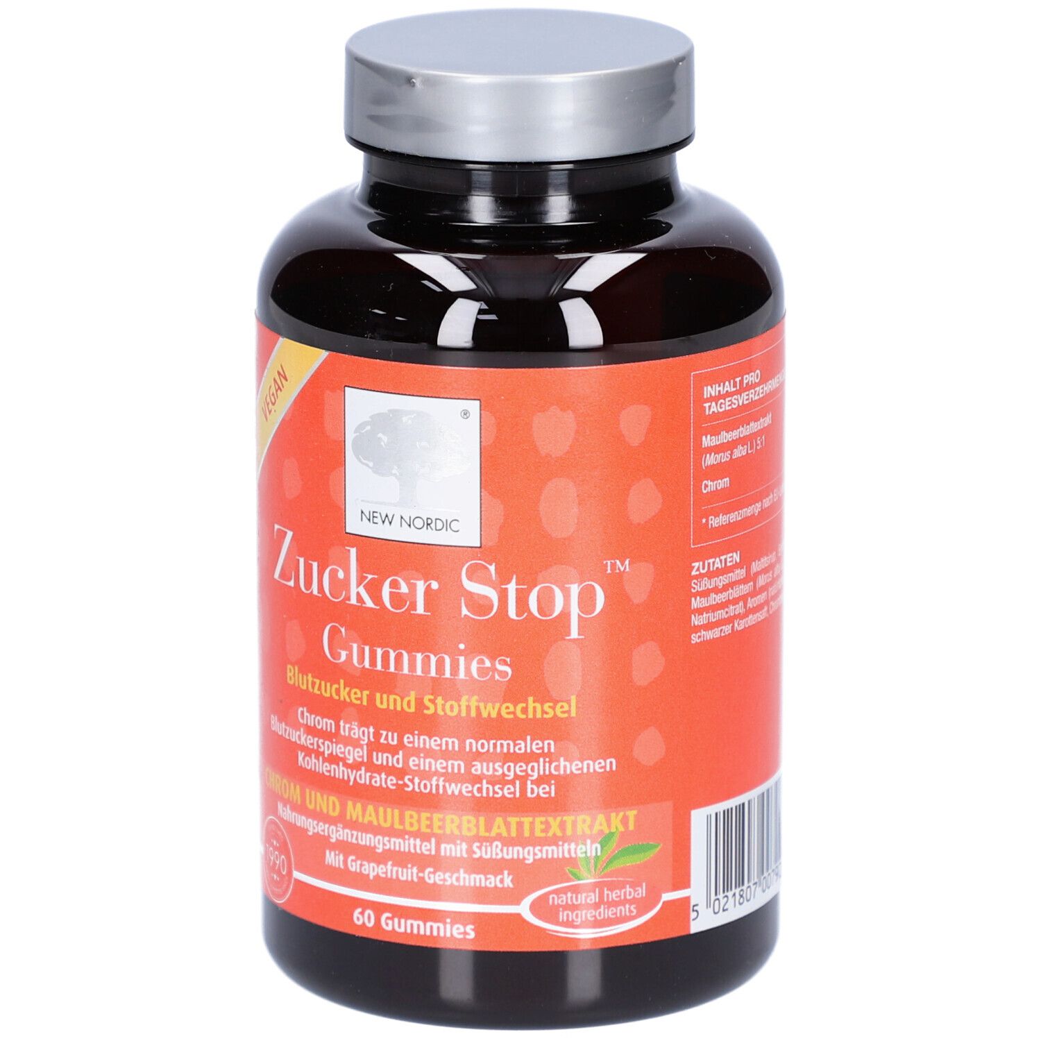 Braune Plastikflasche mit silbernem Deckel. Aufkleber mit Produktnamen ZUCKER Stop Gummies, rotem Hintergrund und weißer Schrift. Vegan-Siegel.