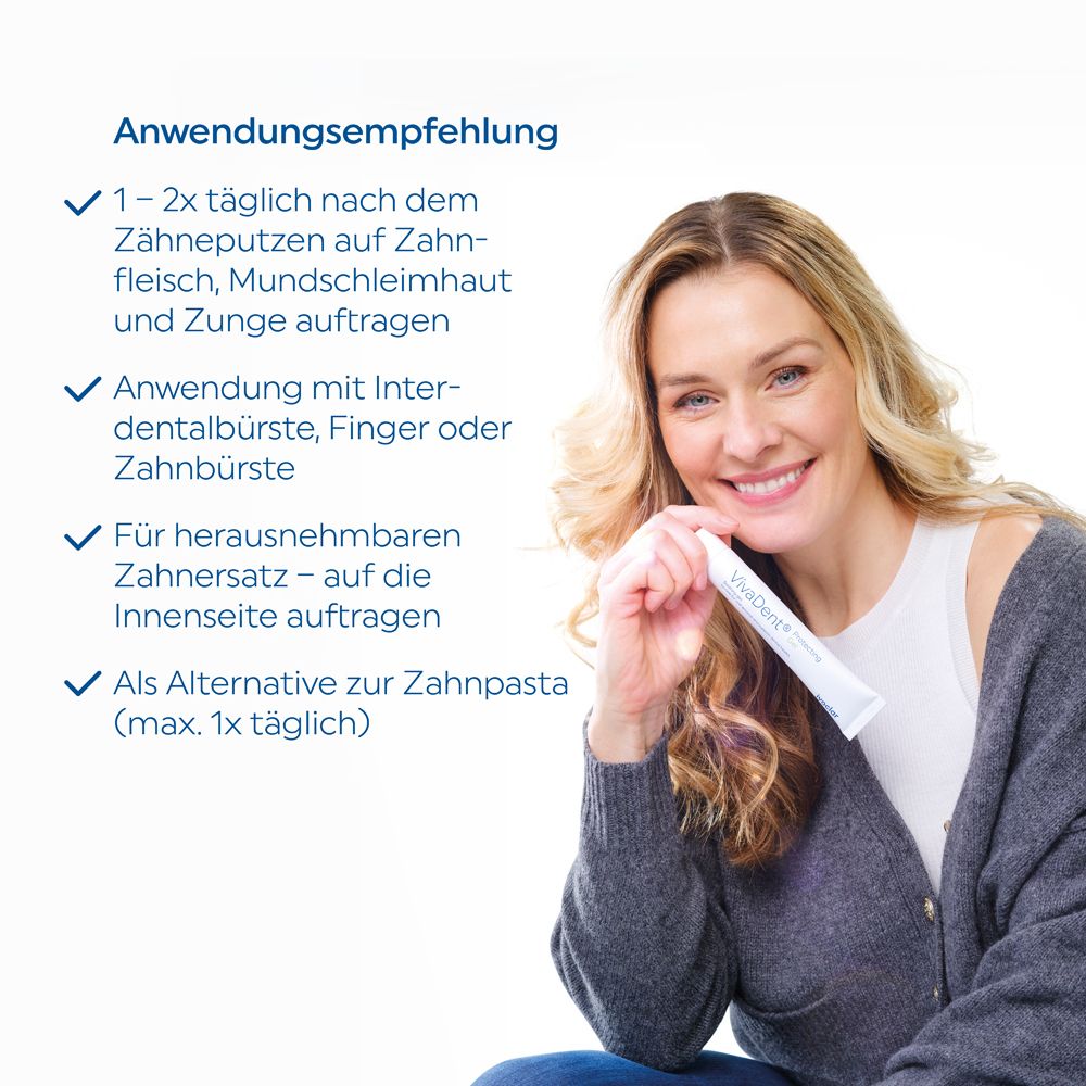 Frau hält VivaDent Protecting Gel Tube. Anwendungsempfehlung: 1-2x täglich nach dem Zähneputzen.