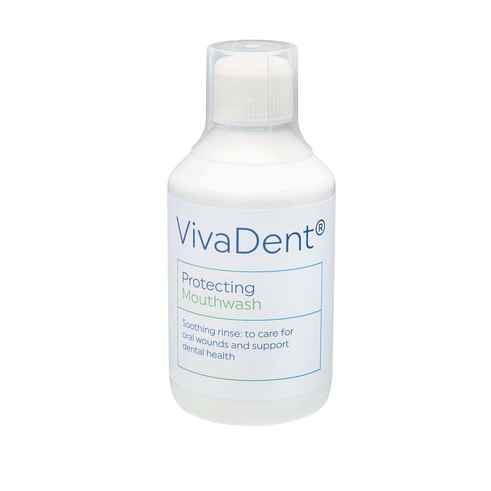 Weiße Flasche VivaDent Protecting Mouthwash mit weißem Deckel. Aufschrift und Produktbezeichnung.