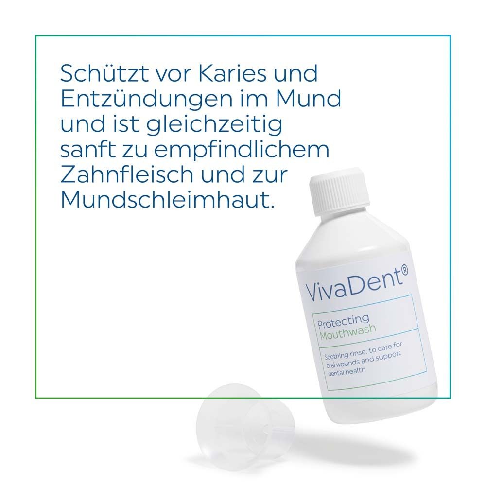 Weiße Flasche VivaDent Protecting Mouthwash mit Deckel und Messbecher. Text auf grünem Hintergrund.
