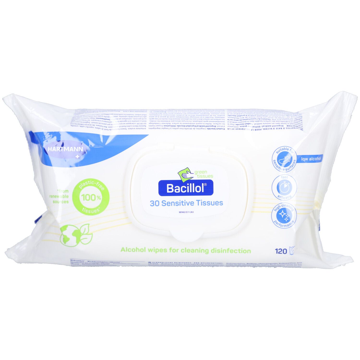 Weißes Folienpaket mit "Bacillol 30 Sensitive Tissues". Grün-weiße Verpackung mit Logo und Text. 120 Tücher.