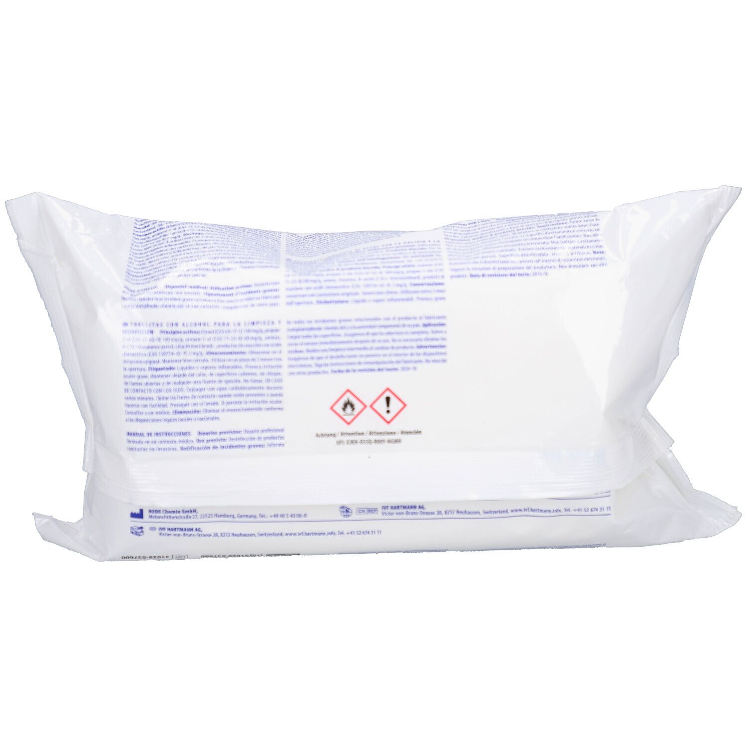 Rückseite des weißen Folienpakets. Text und Piktogramme. Warnhinweise und Herstellerinformationen.