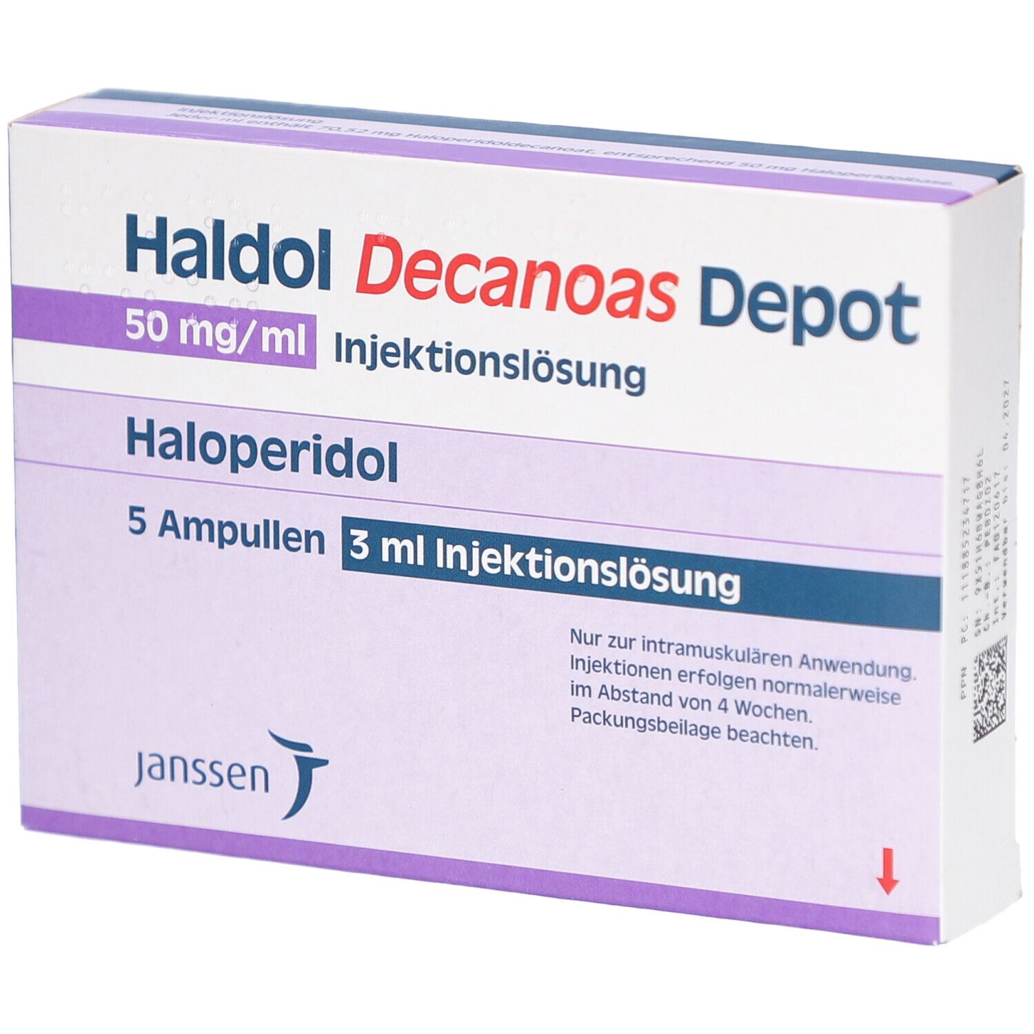 Schachtel HALDOL Decanoas Depot, 5 Ampullen, 3 ml Injektionslösung. Aufschrift: Haloperidol, Janssen Logo.