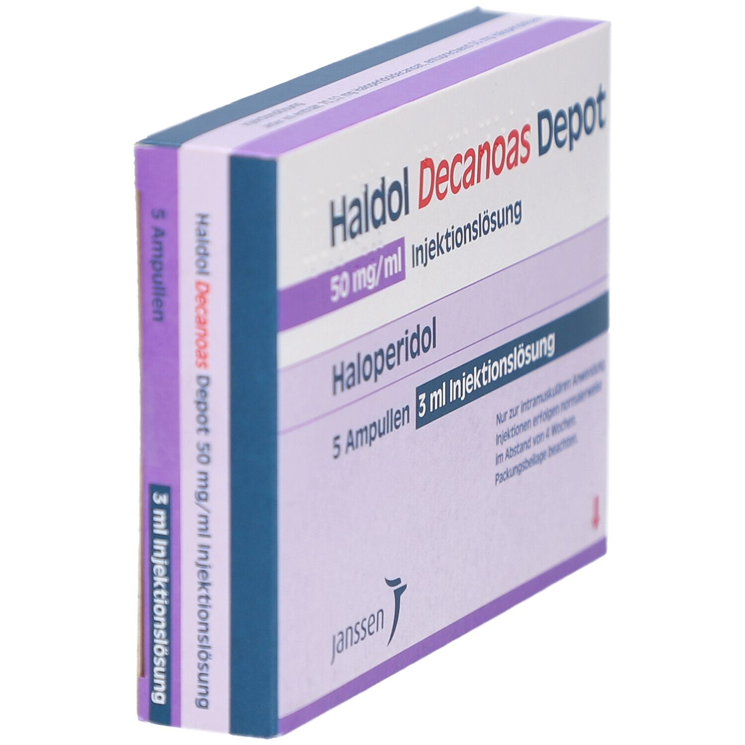 Schachtel HALDOL Decanoas Depot, Seitenansicht. Aufschrift: Haloperidol, Janssen Logo. Lila und weiße Farbgebung.