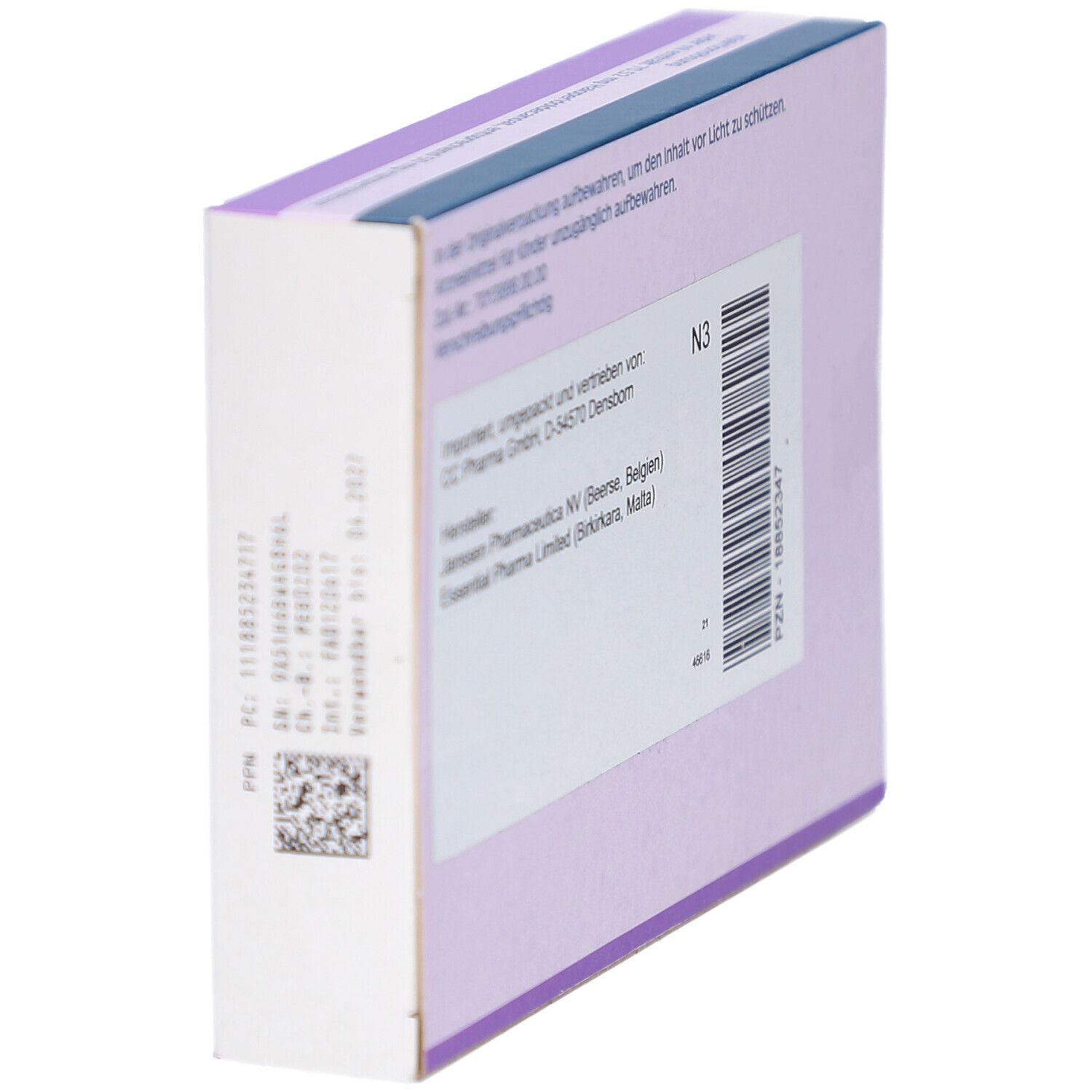 Seitenansicht der Schachtel HALDOL Decanoas Depot. Text: Hersteller, Chargennummer, Barcode.