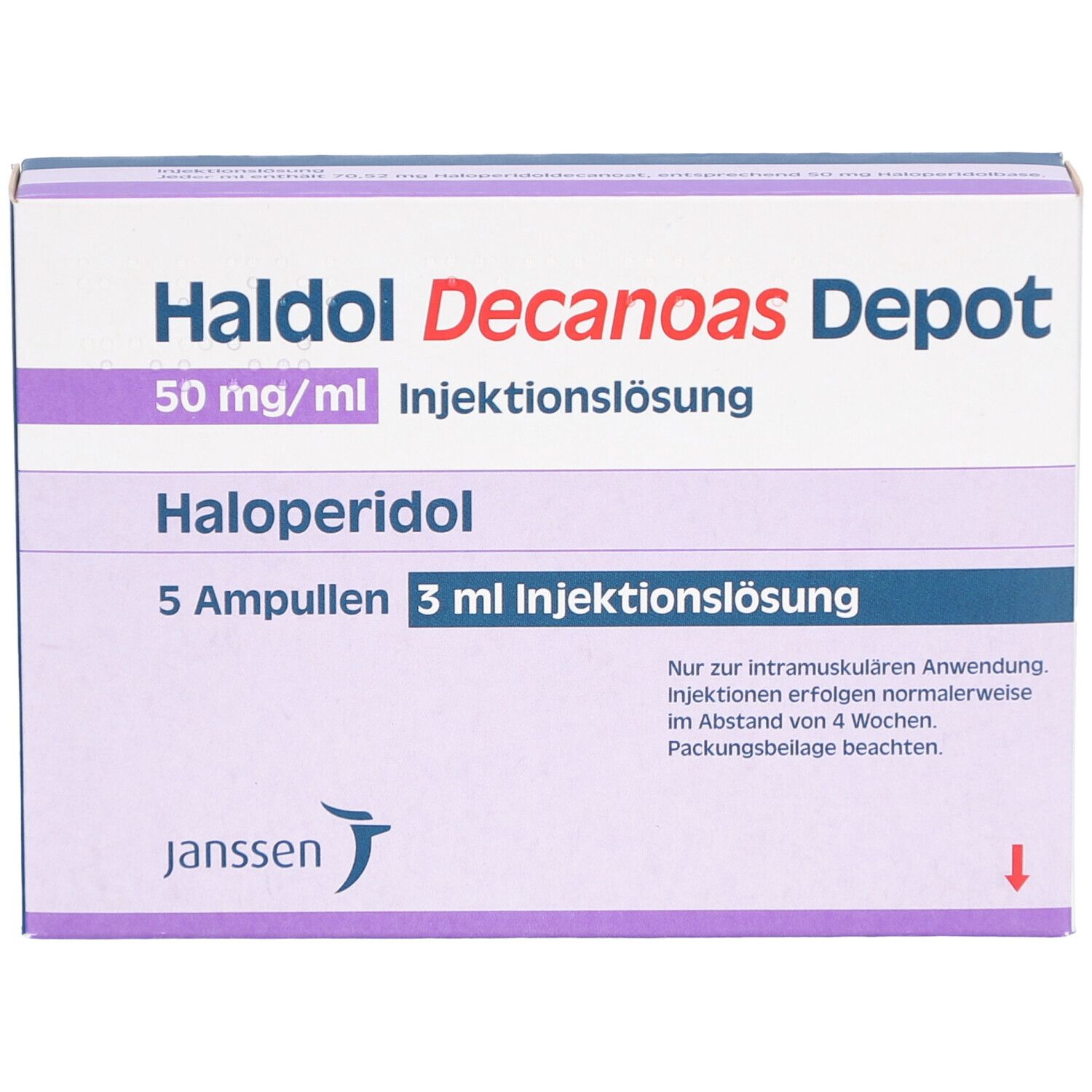 Schachtel HALDOL Decanoas Depot, Vorderansicht. Aufschrift: Haloperidol, Janssen Logo. 5 Ampullen, 3 ml Injektionslösung.