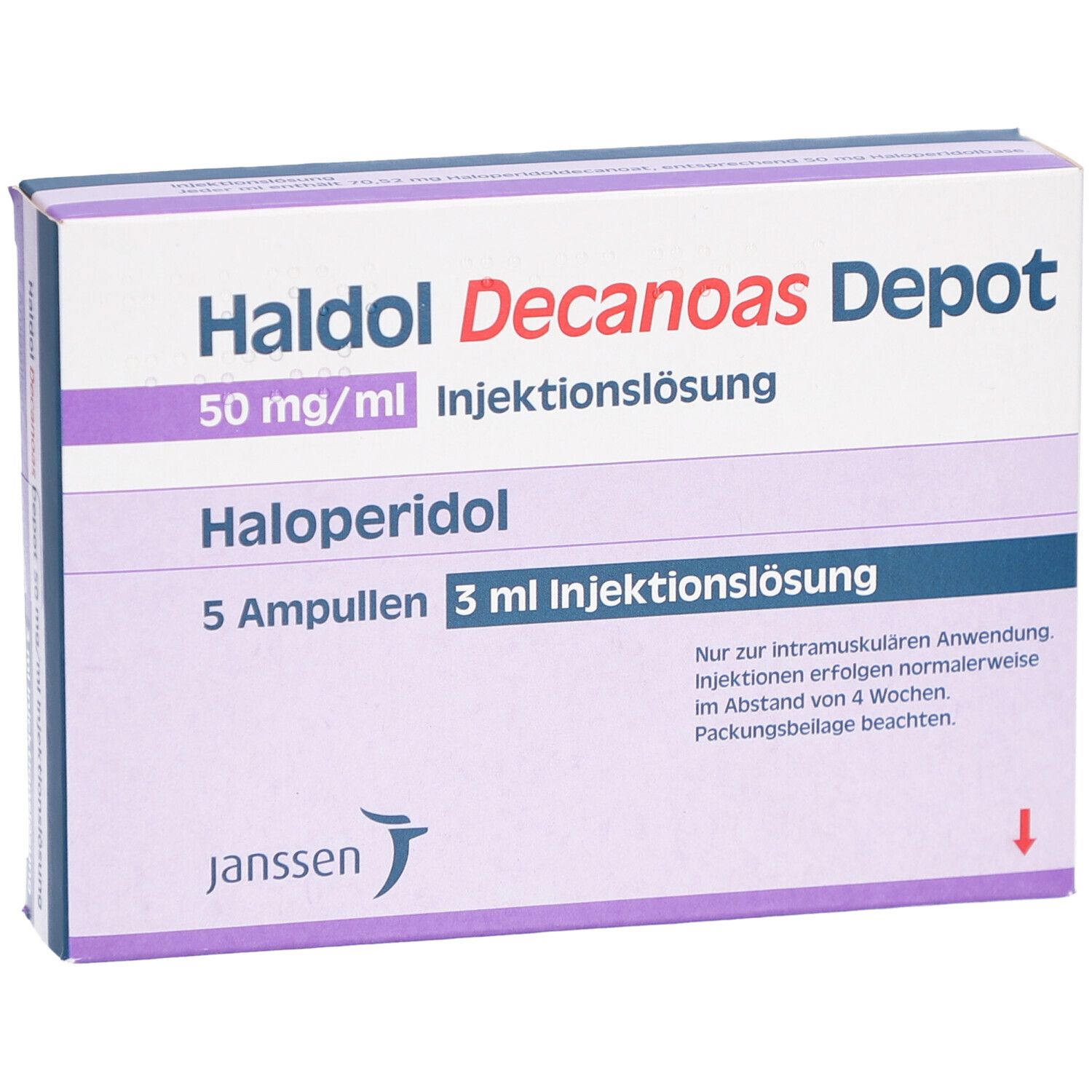 Schachtel HALDOL Decanoas Depot, Vorderansicht. Aufschrift: Haloperidol, Janssen Logo. 5 Ampullen, 3 ml Injektionslösung.
