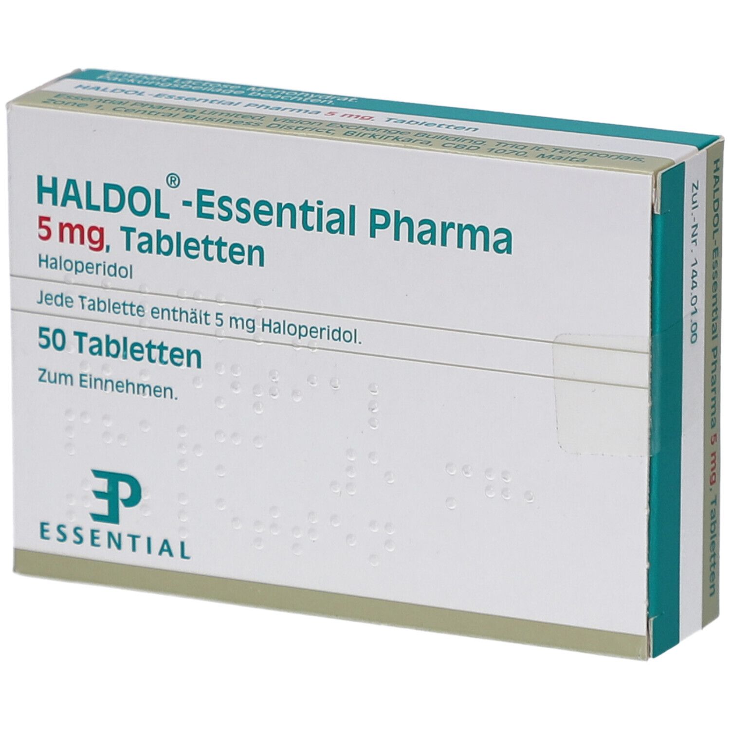 Schachtel HALDOL-Essential Pharma 5 mg Tabletten. 50 Tabletten. Text: Haloperidol. Logo Essential Pharma.